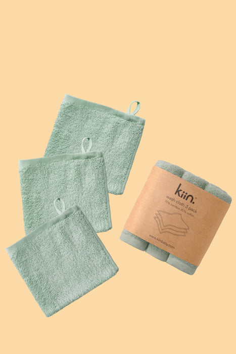 Kiin Baby Wash Cloths 3 Pack - Sage