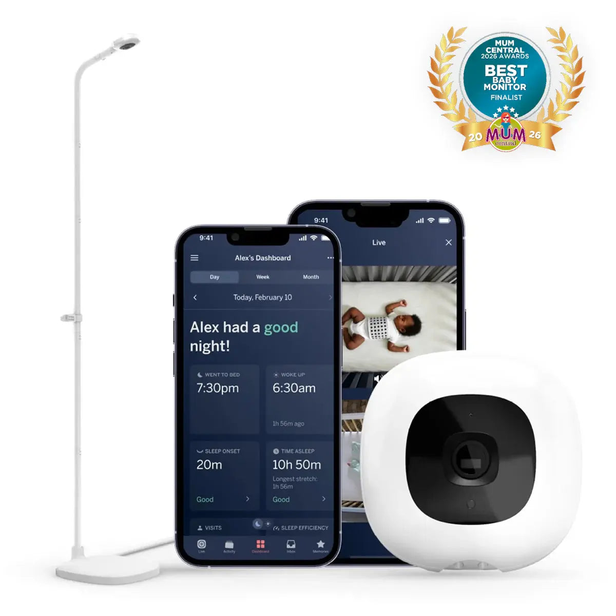 Nanit Pro smart baby monitor camera on floor stand