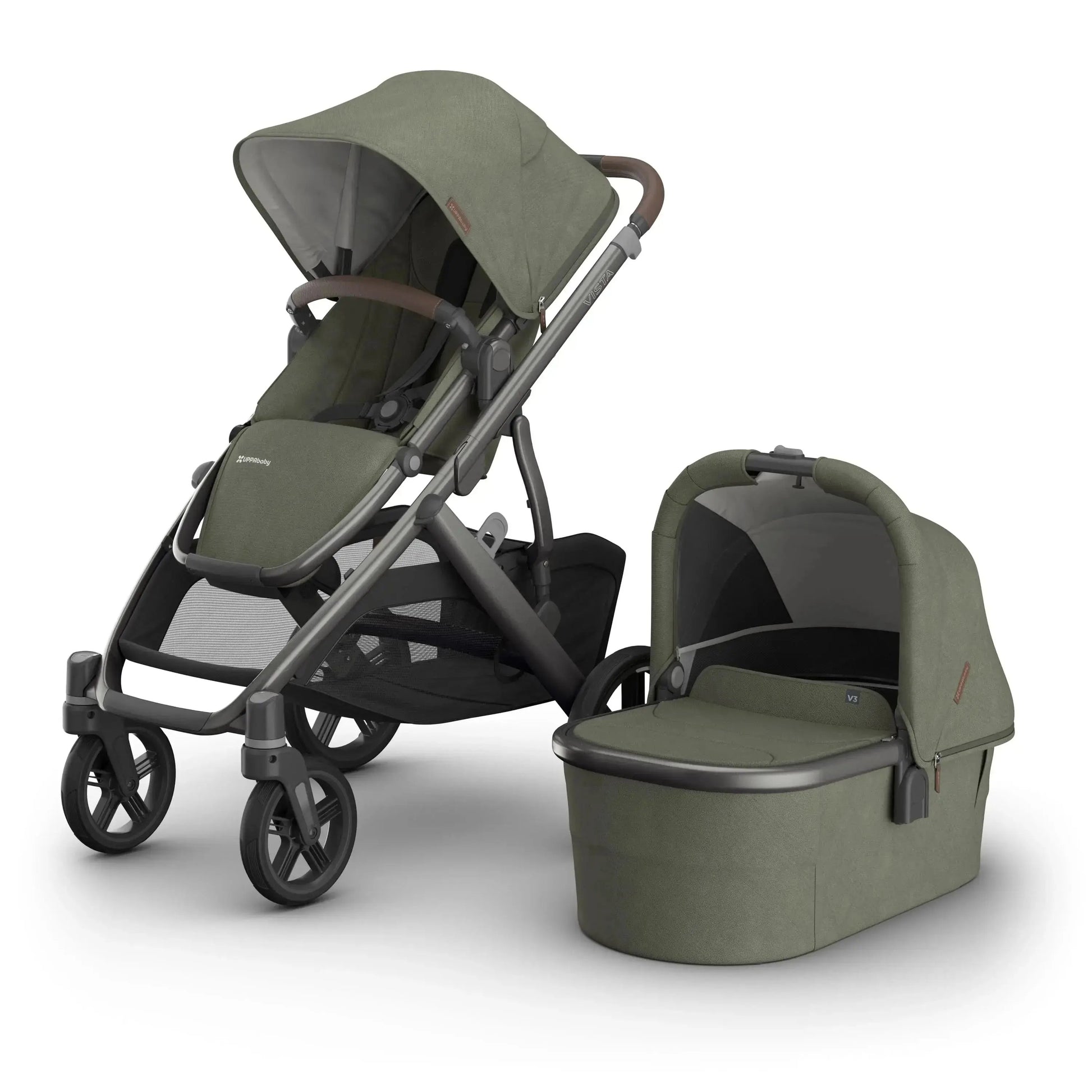 UPPAbaby Vista V3 Travel System with Bassinet - Evelyn Meadow Green | Graphite Frame, Chestnut Leather