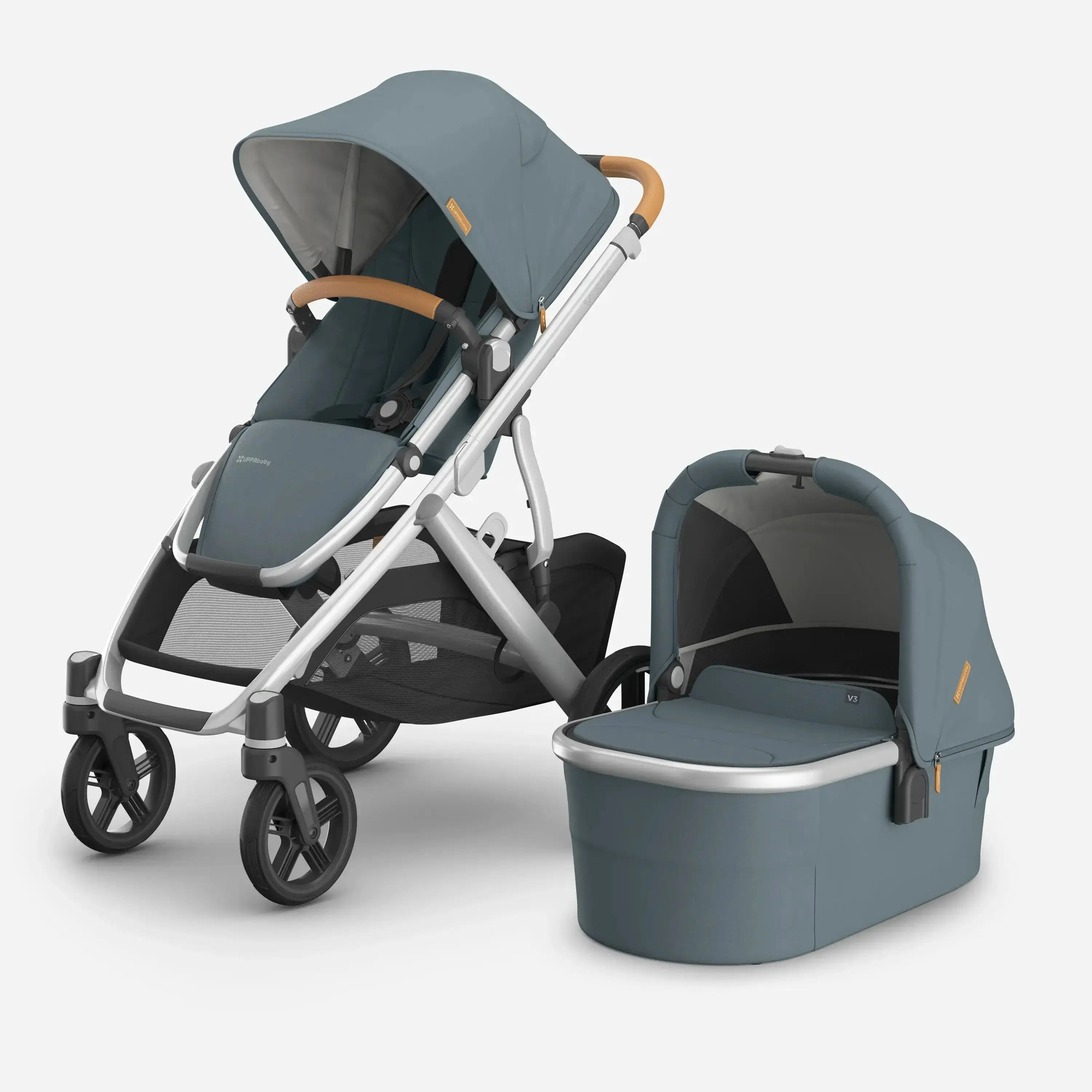 UPPAbaby Vista V3 Travel System Pram with Bassinet - Callum (Stone Blue / Silver) - Smooth Ride, Enhanced Safety & Breathable Comfort