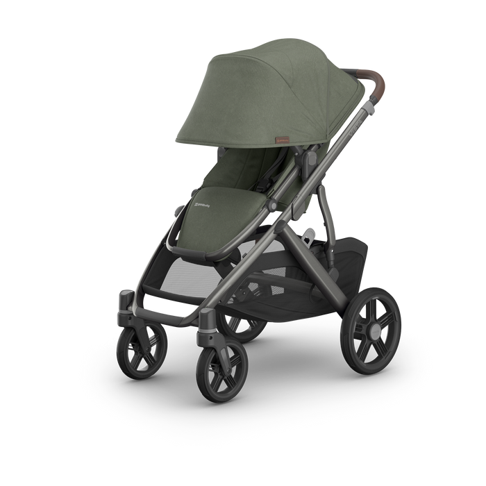 UPPAbaby Vista V3 Travel System with Bassinet - Evelyn Meadow Green | Graphite Frame, Chestnut Leather