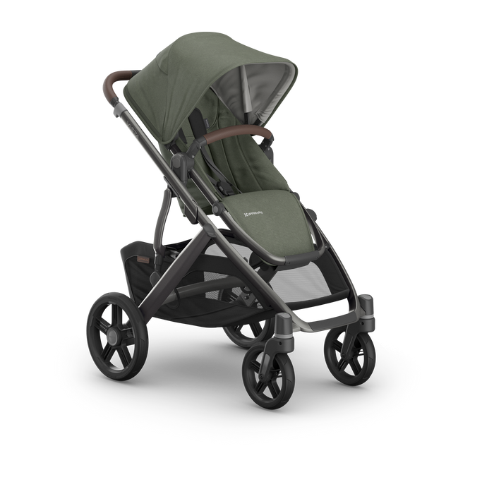 UPPAbaby Vista V3 Travel System with Bassinet - Evelyn Meadow Green | Graphite Frame, Chestnut Leather