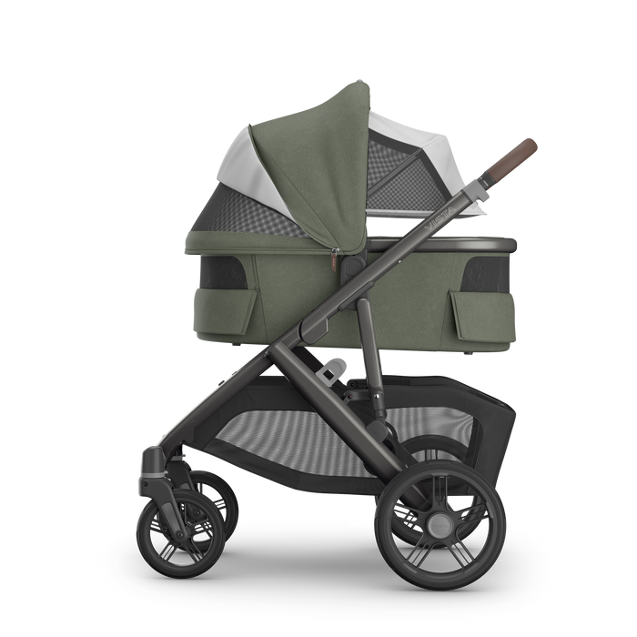 UPPAbaby Vista V3 Travel System with Bassinet - Evelyn Meadow Green | Graphite Frame, Chestnut Leather