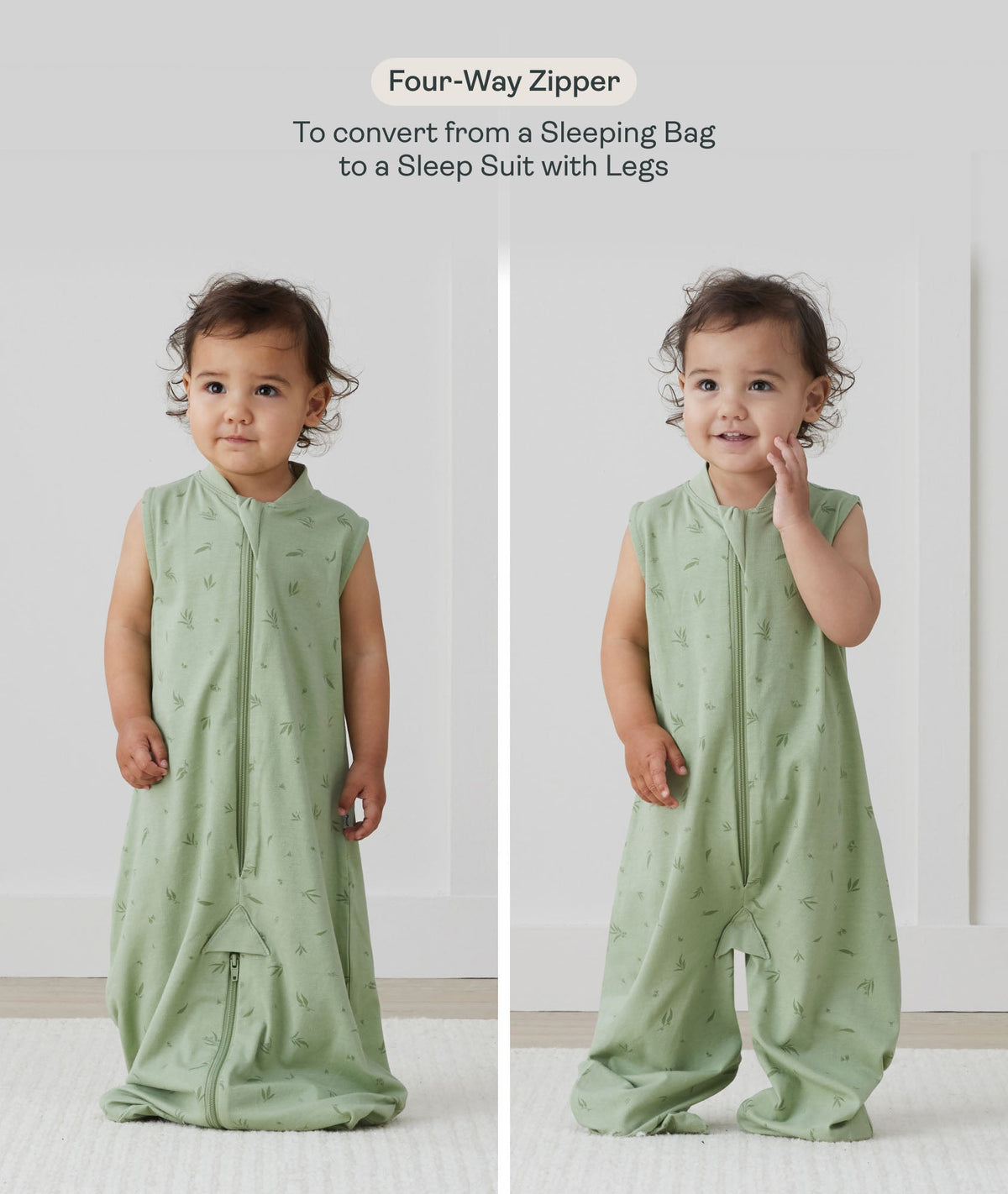 Feature diagram of the ergoPouch Sleep Suit Bag showing the 4-way zipper configuration