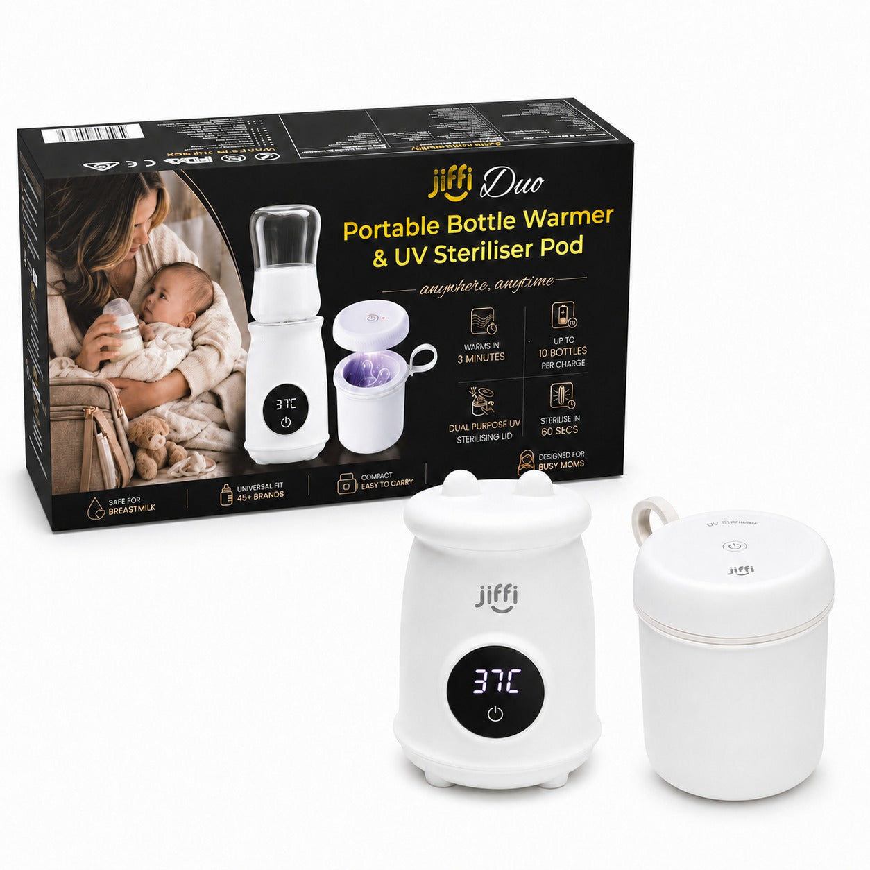 Jiffi DUO in use – portable bottle warmer and UV sterilising pod on the go
