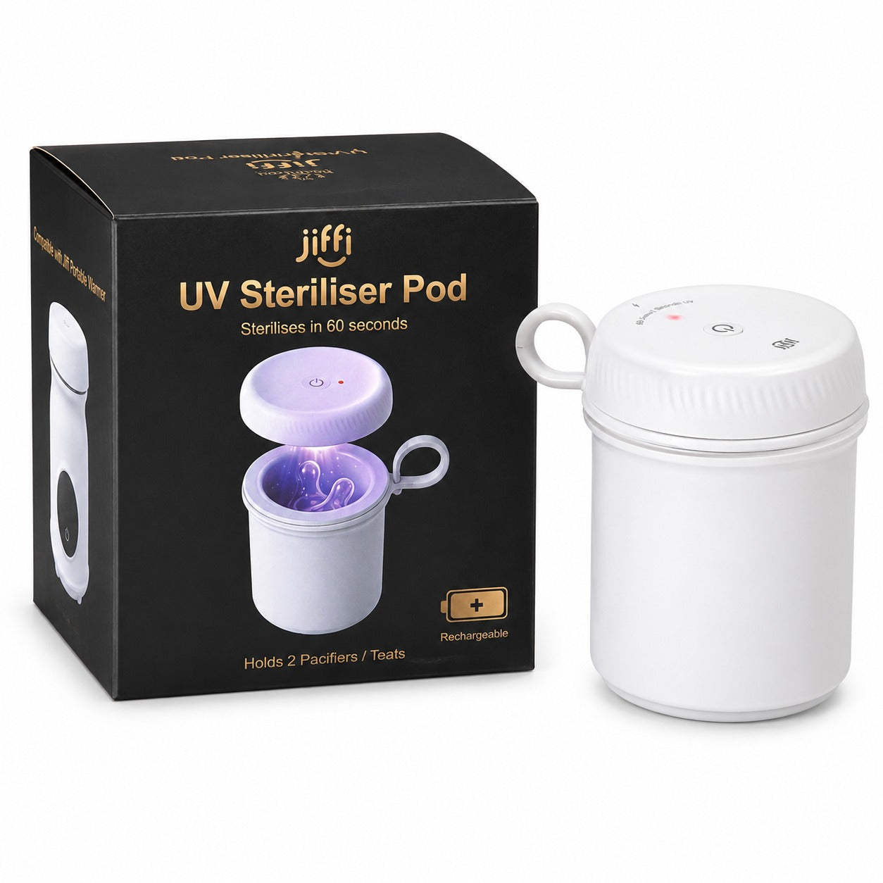 Jiffi Sterilising Pod with UVC Sterilising Lid – 60-second germ kill for pacifiers and teats