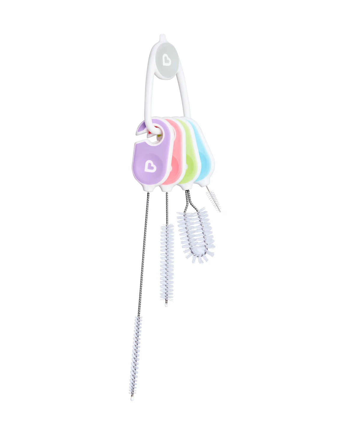 Munchkin Details Cleaning Brush Set 4 pack with straw, spout, lid and detail brushes on a storage clip