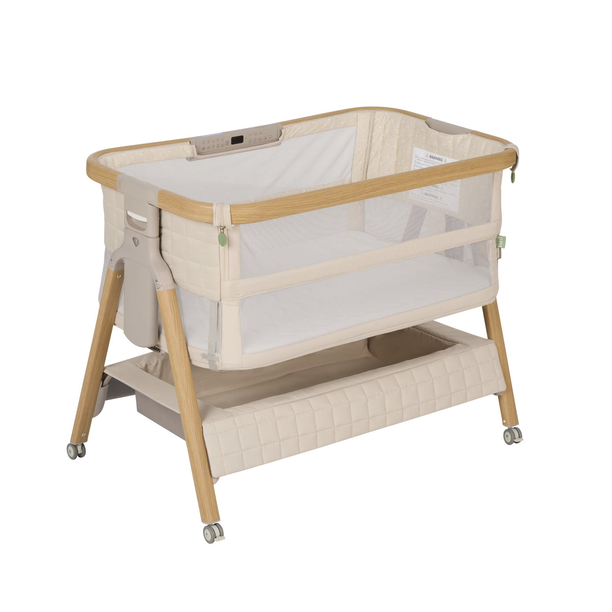 CoZee Breeze Sense bassinet on lockable wheels, Toasted Oak & Sand