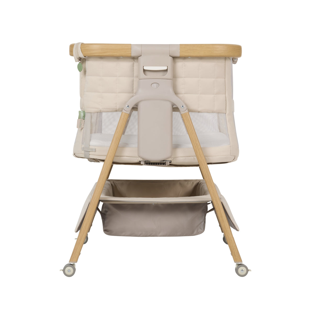 CoZee Breeze Sense end view on wheels showing the storage basket