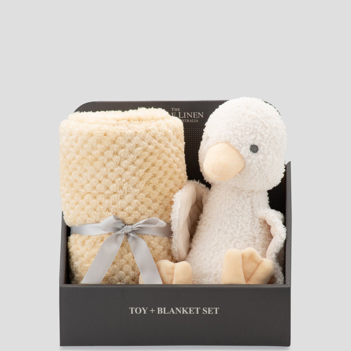 Fuzzy Duck plush toy with fleecy baby blanket in its gift box