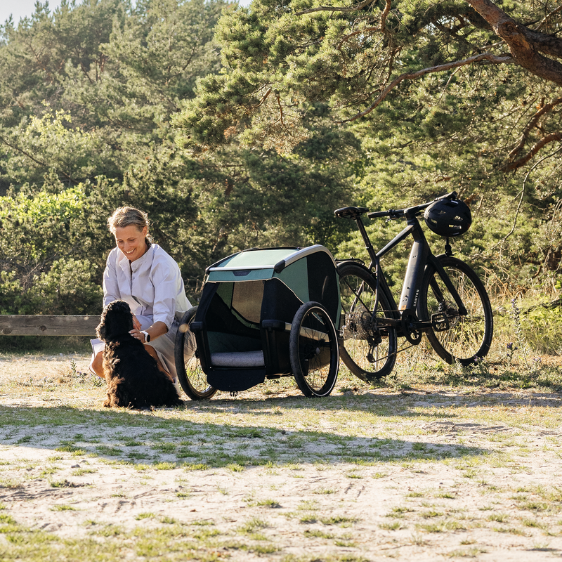 Adult sitting beside a dog next to a Thule Bexey dog bike trailer attached to a bicycle