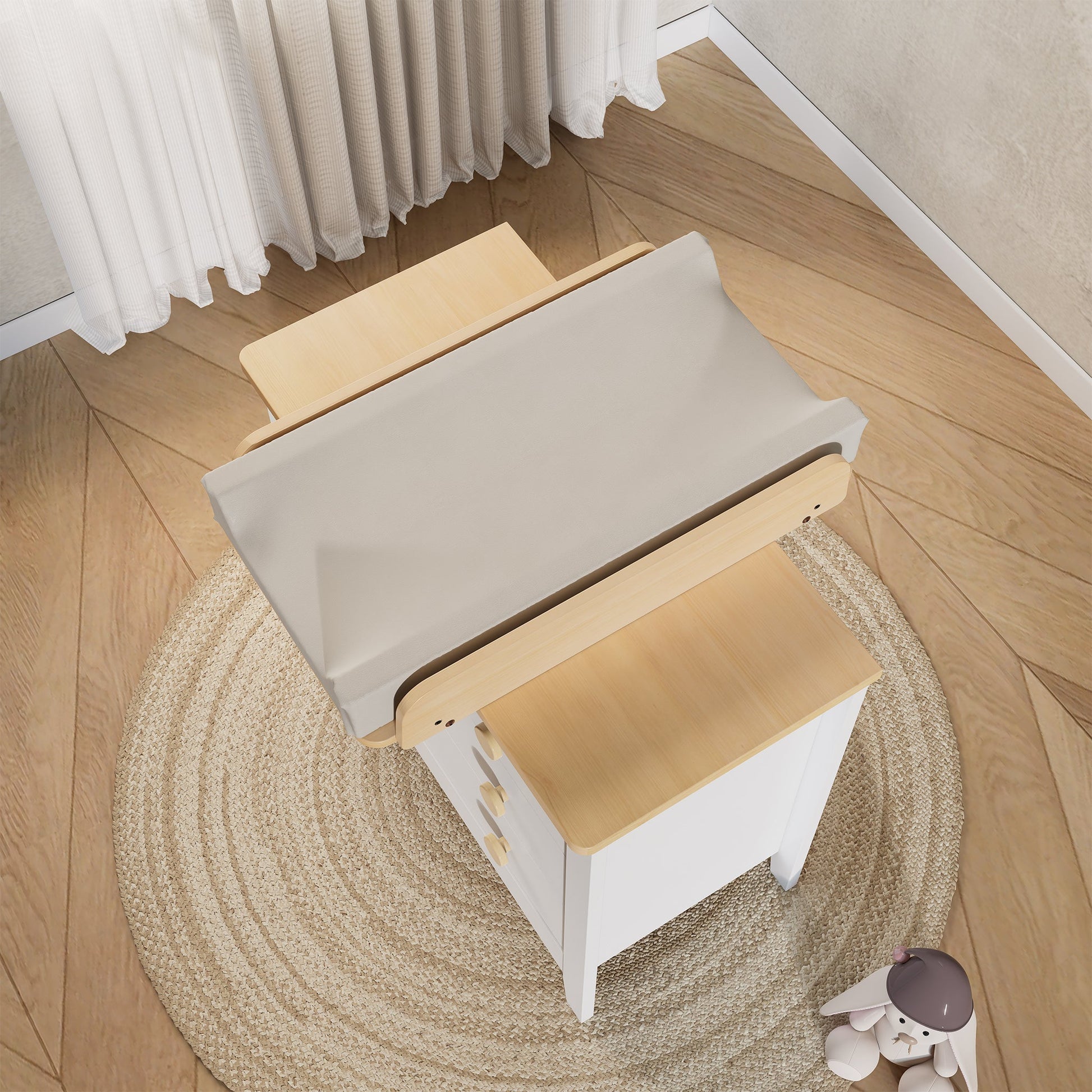 Boori Duo-Fit Change Tray installed on Boori 6 Drawer Chest — complete changing station