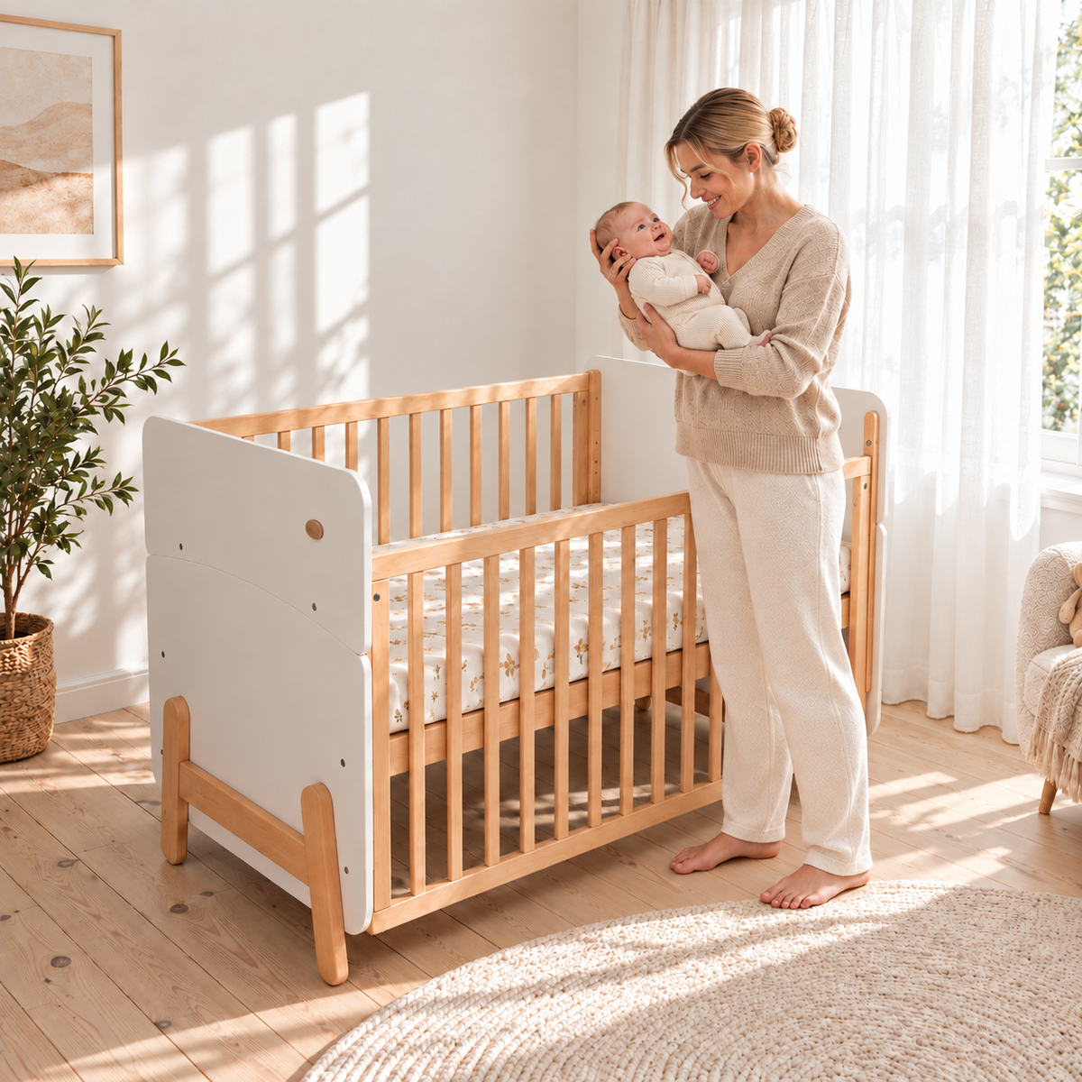 Mum holding baby beside the Boori Natty Ergonomic Cot Bed in a bright nursery (shown in White & Natural)