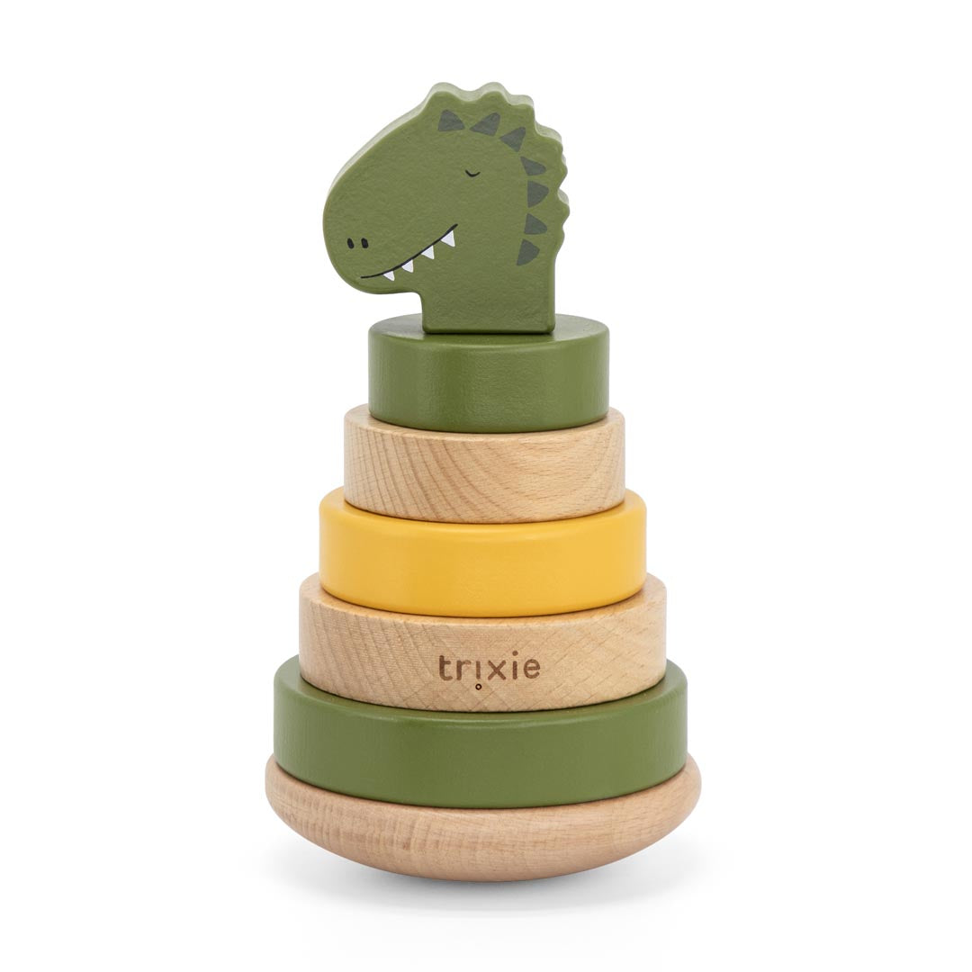 Trixie Mr. Dino wooden stacking toy – green dinosaur ring stacker, full view