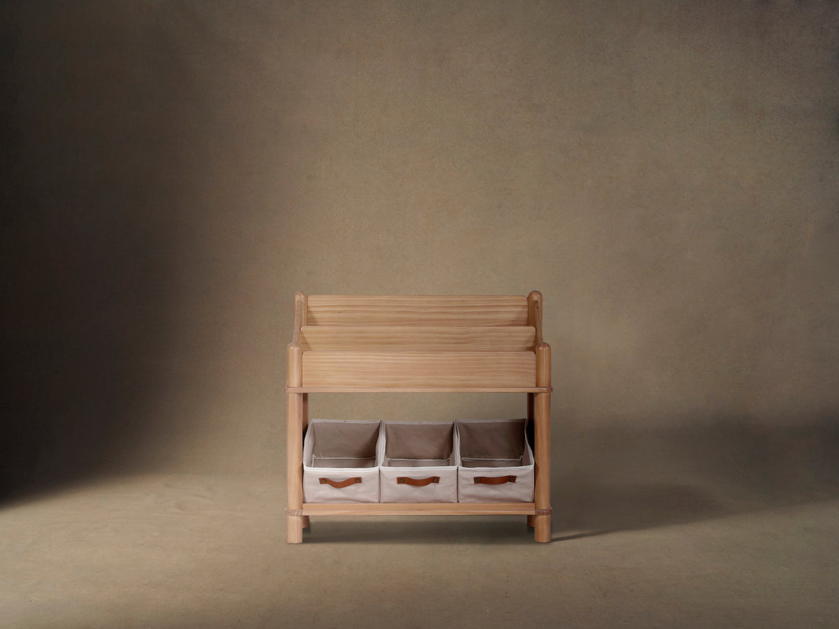 Seena Stori bookshelf canvas toy baskets close-up