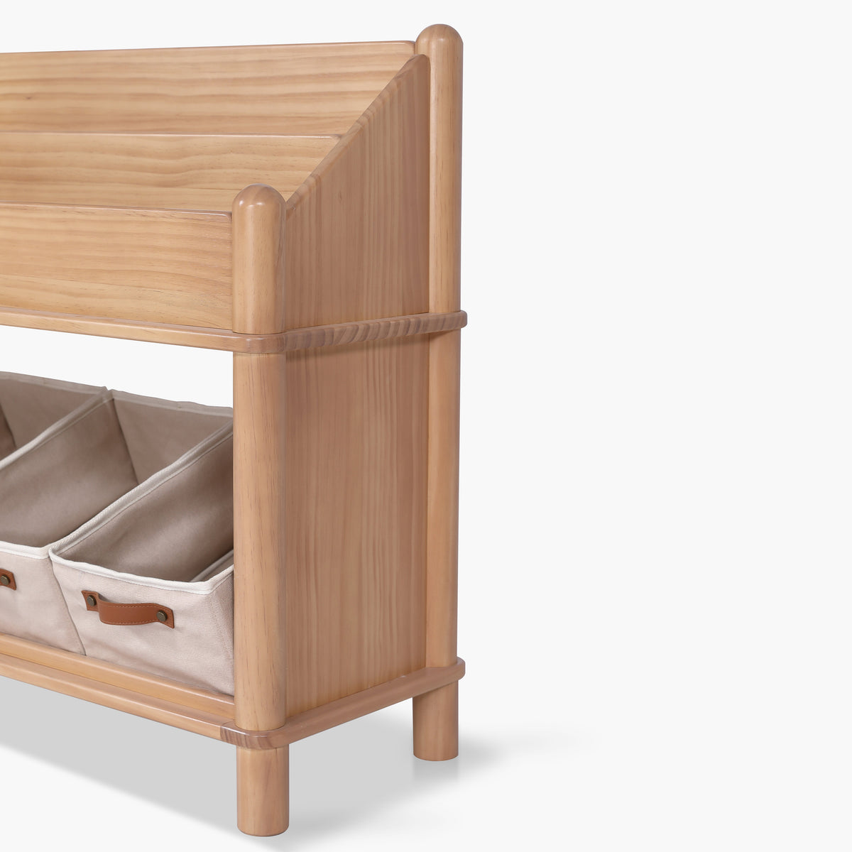 Seena Stori bookshelf side view with baskets
