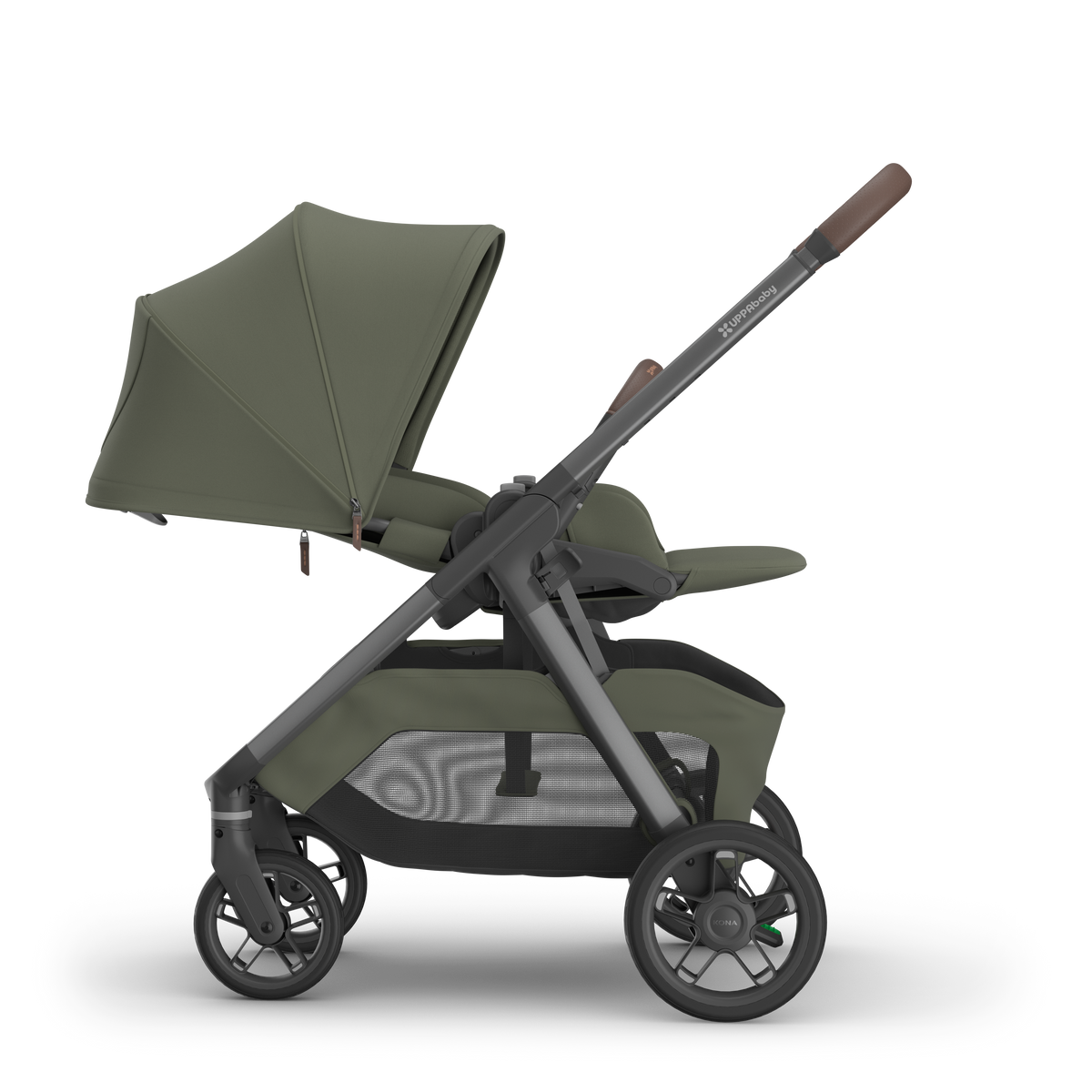 UPPAbaby Kona Evelyn with the seat reversed and reclined flat