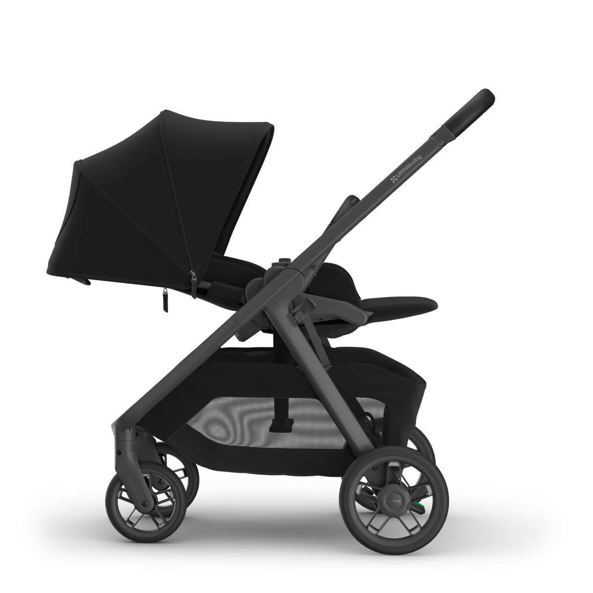 UPPAbaby Kona seat reversed and reclined flat with the sunshade extended