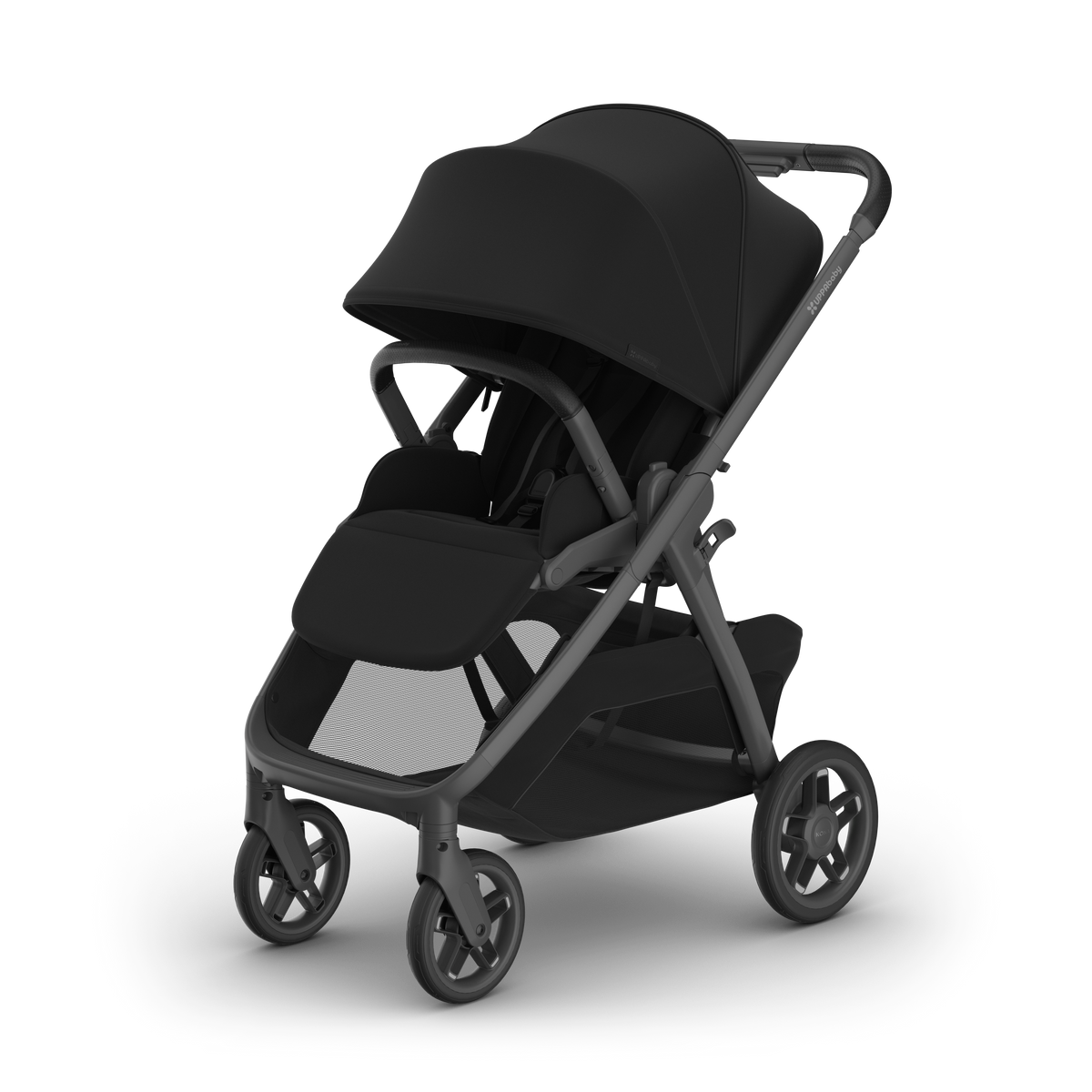UPPAbaby Kona pram in James (Black), three-quarter view with the sunshade extended