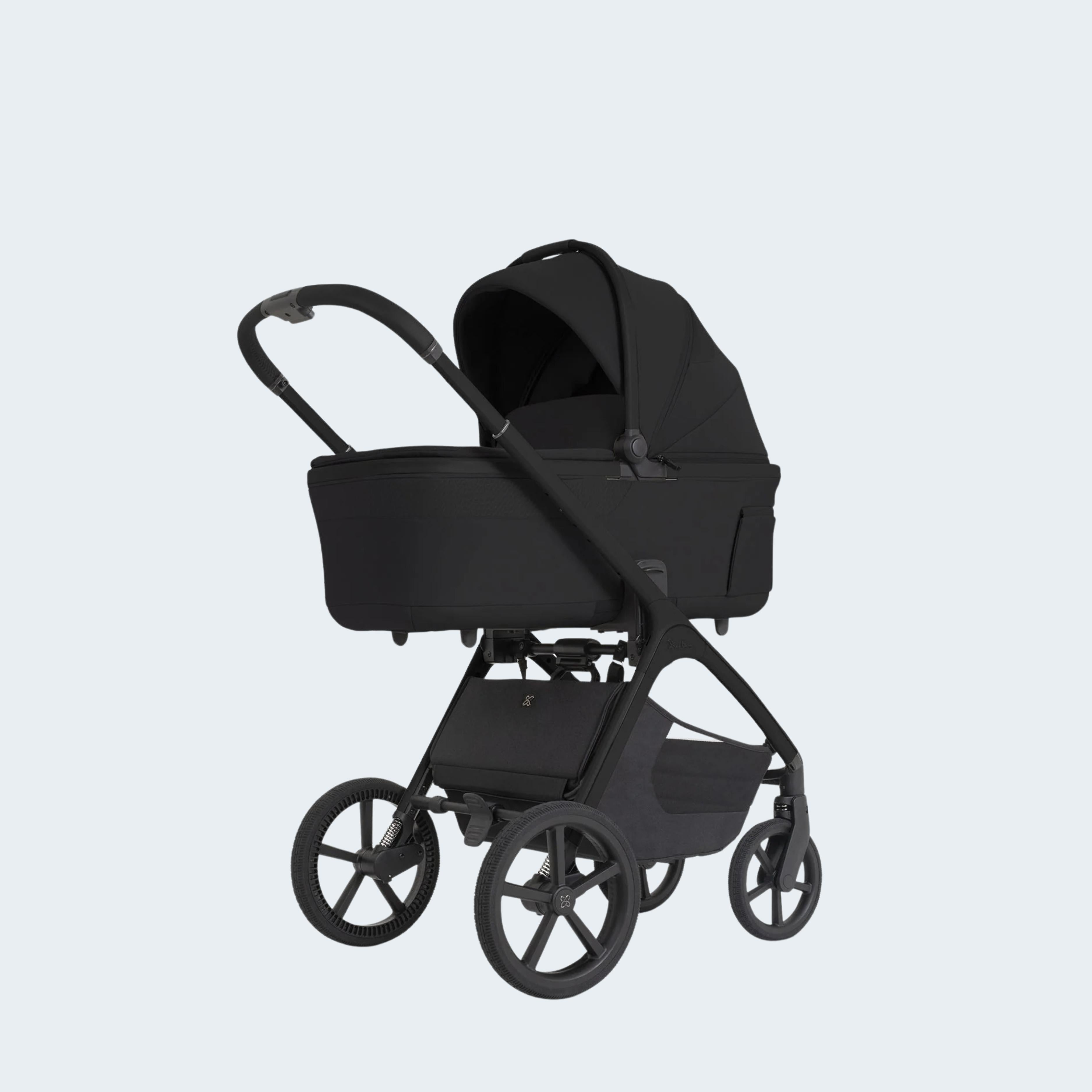 Silver Cross Cove 2 pram folded flat — Genius™Fold one-hand self-standing fold