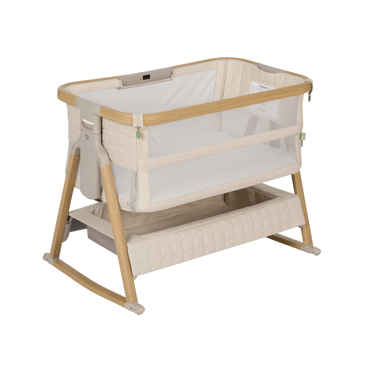 CoZee Breeze Sense co sleeper bassinet in Toasted Oak & Sand with rocking legs fitted