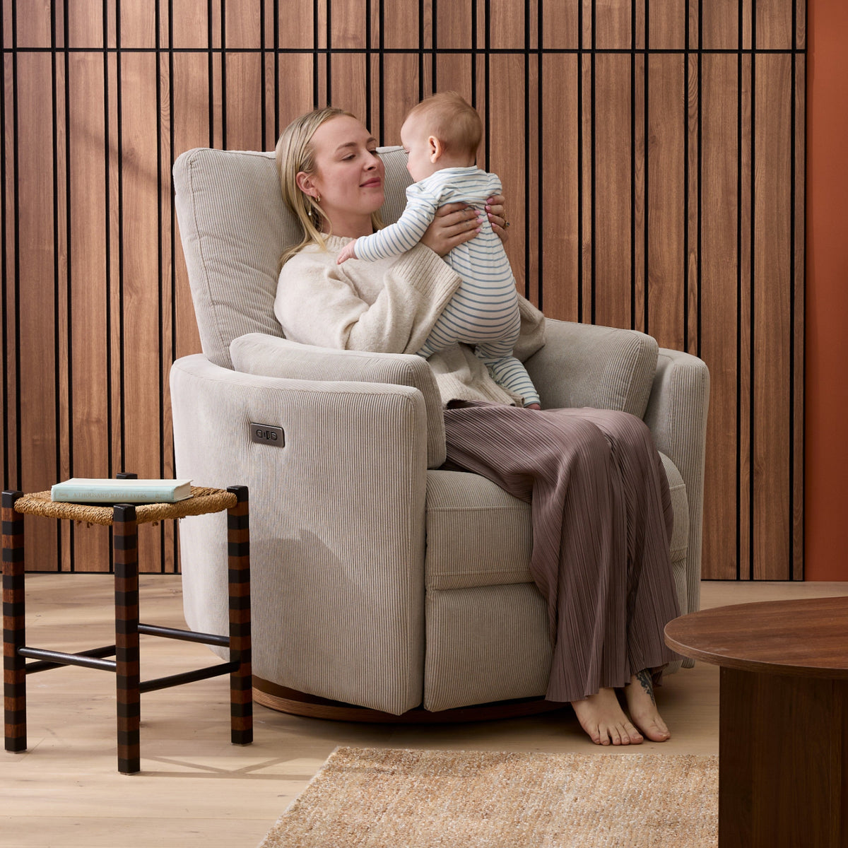 il Tutto Lola Taupe Corduroy nursing chair – rounded arms and support cushions