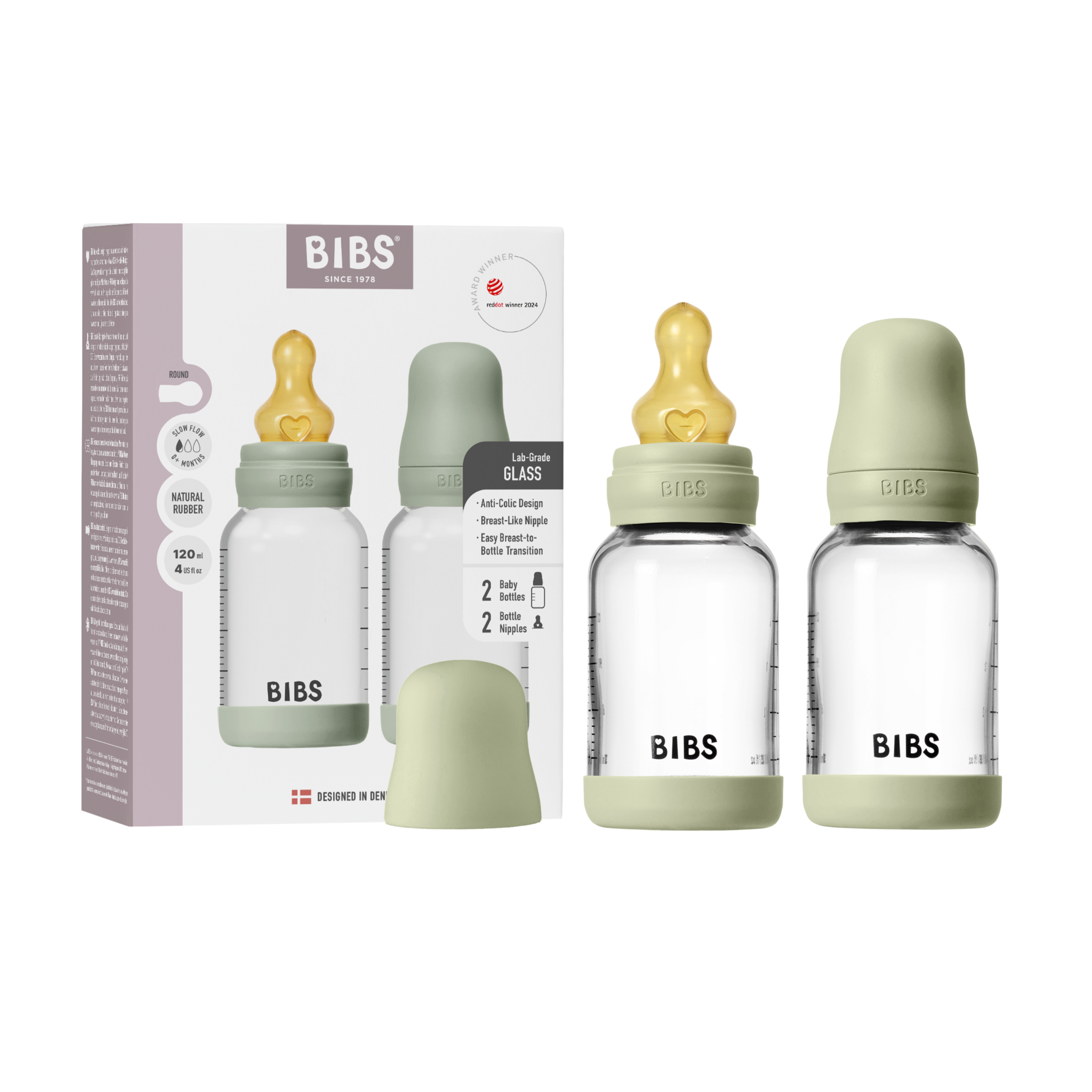 BIBS Glass Bottle Complete Set (2 Pack) 120ml Latex - Sage