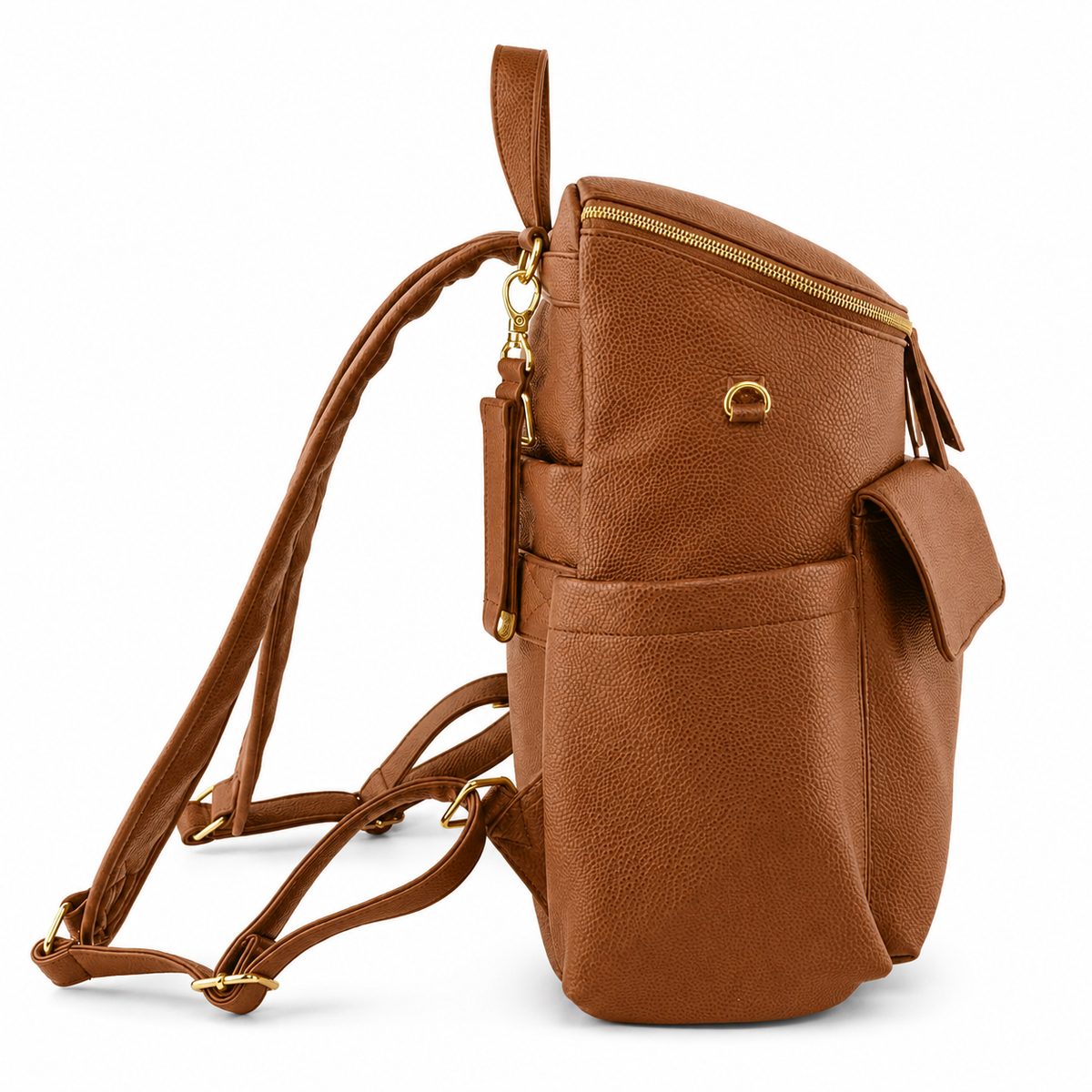 Coco Mae Lyon nappy backpack side view, Tan