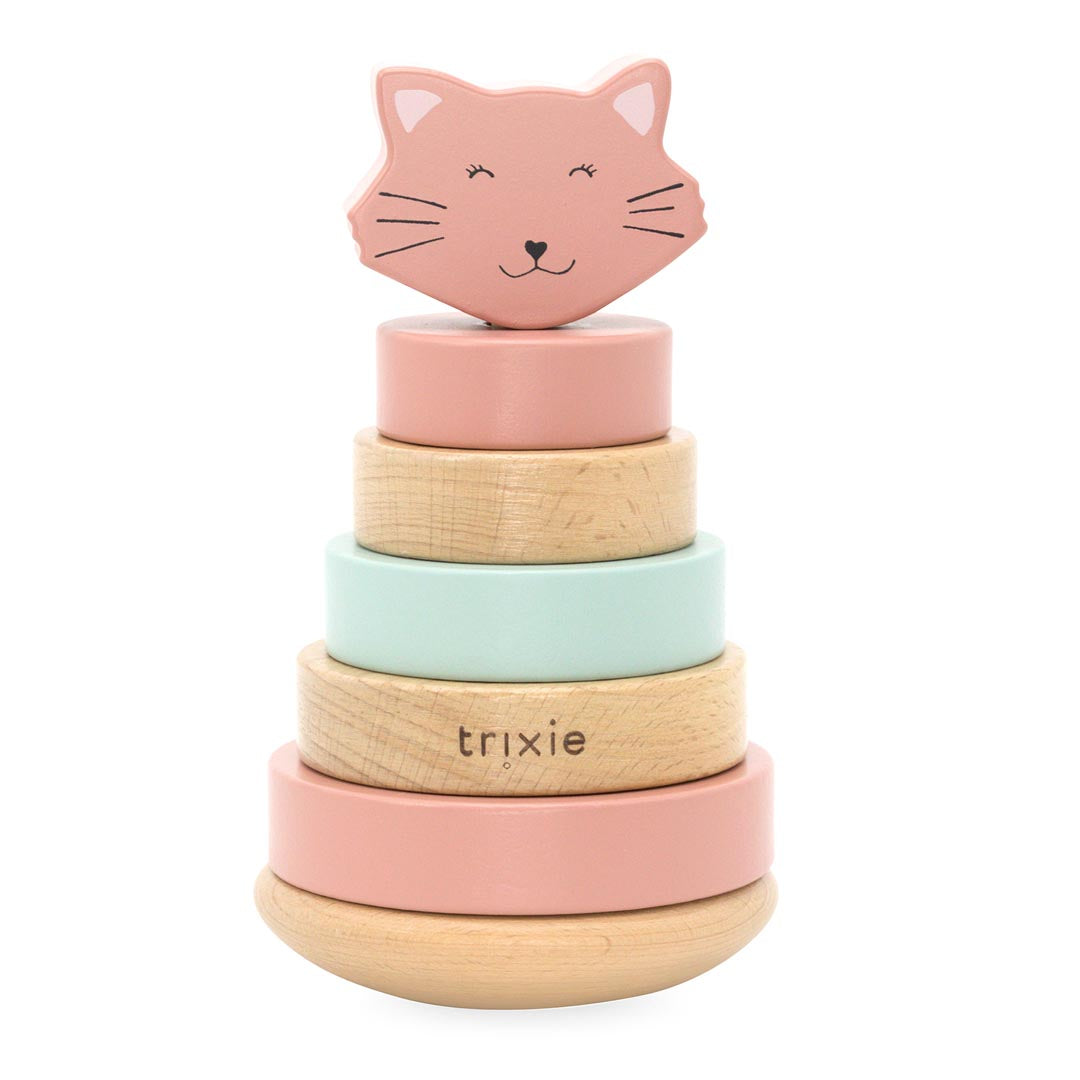 Trixie Mrs. Cat wooden stacking toy – pastel cat character ring stacker, full view