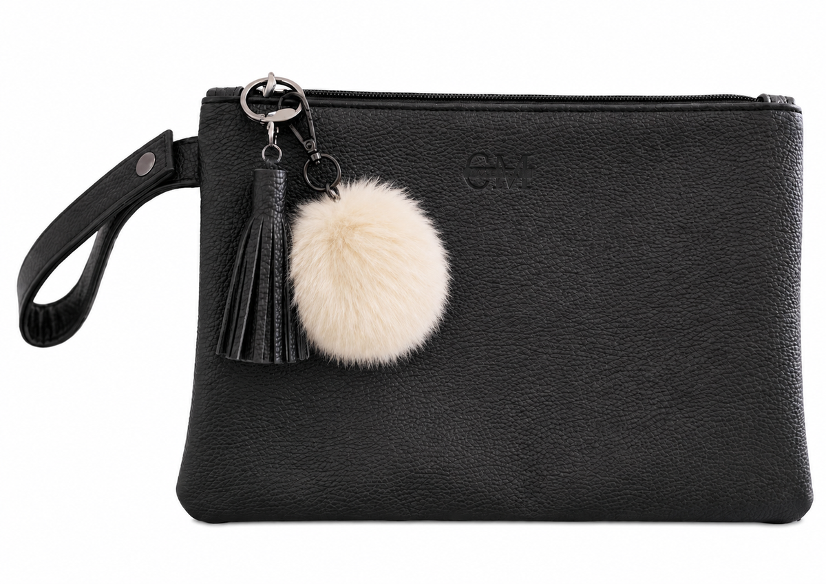 Coco Mae Cream bag charm on a Black Tassel Clutch