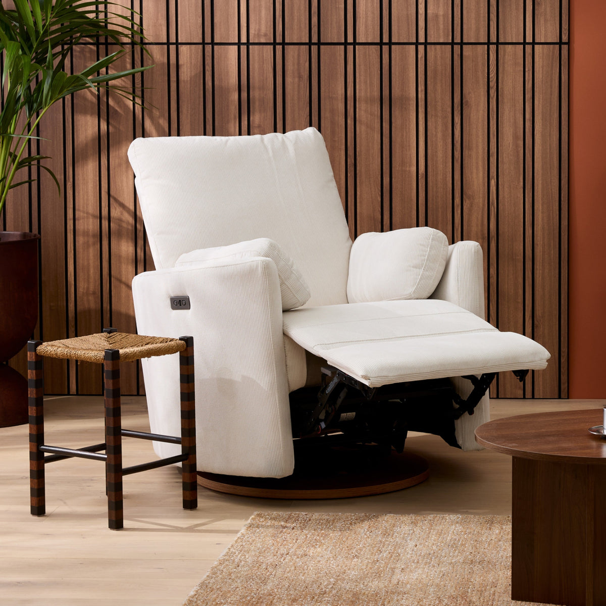 il Tutto Lola glider chair in Coconut Corduroy – electric recline with footrest