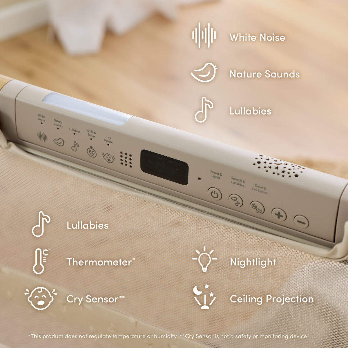 CoZee Sense sensory bar features: lullabies, white noise, nature sounds, nightlight, ceiling projection and sound sensor