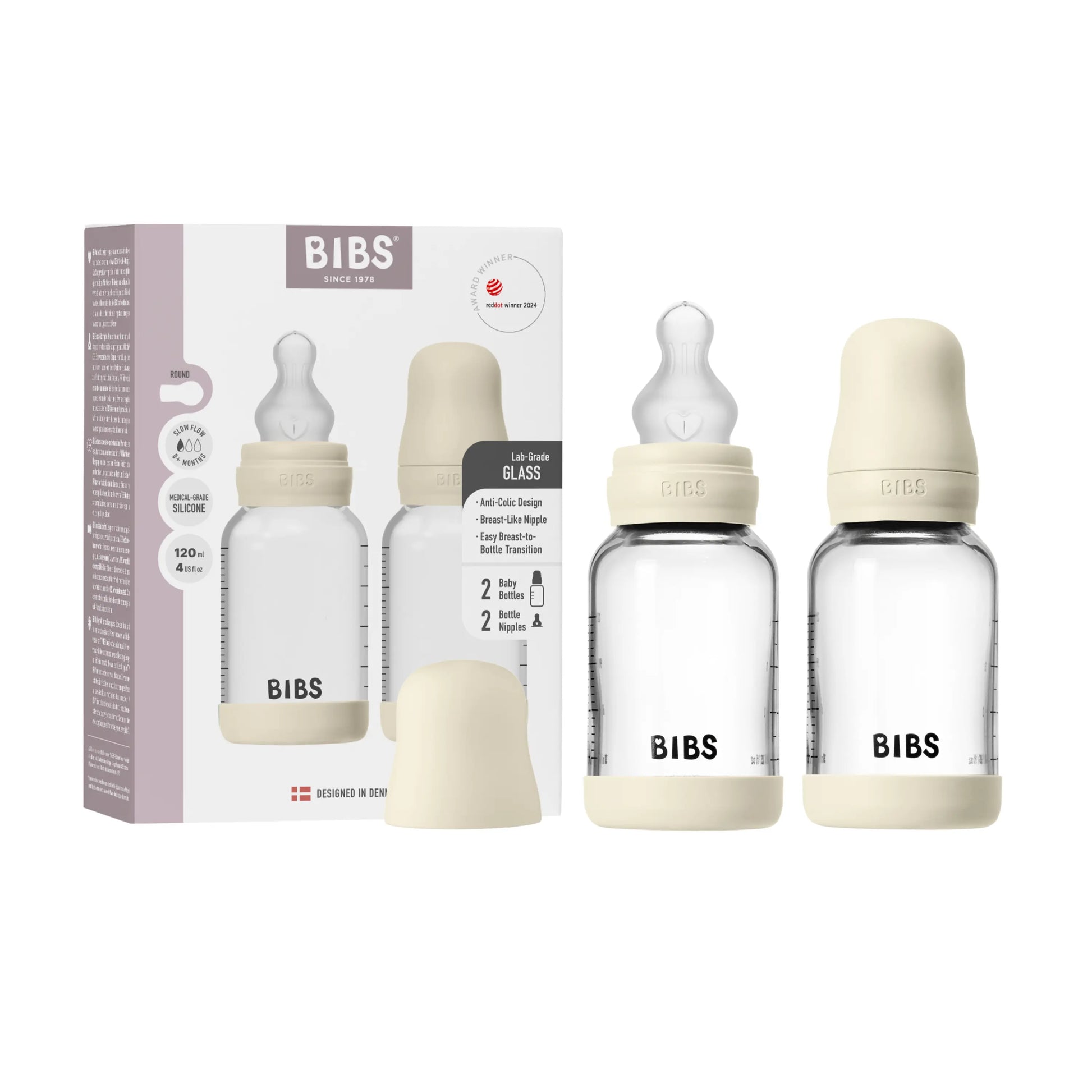 BIBS Glass Bottle Complete Set (2 Pack) 120ml Silicone - Ivory