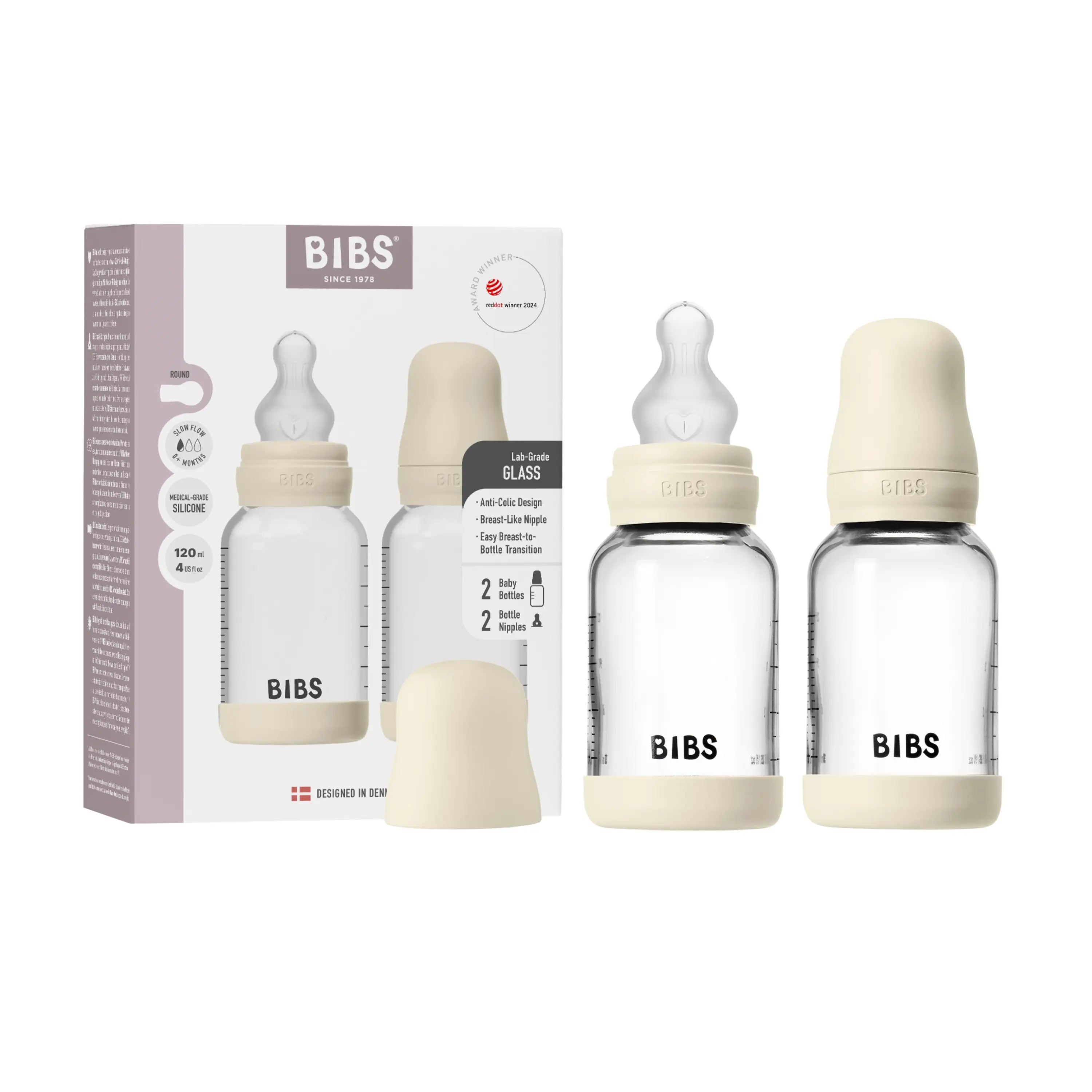 BIBS Glass Bottle Complete Set (2 Pack) 120ml Silicone - Ivory