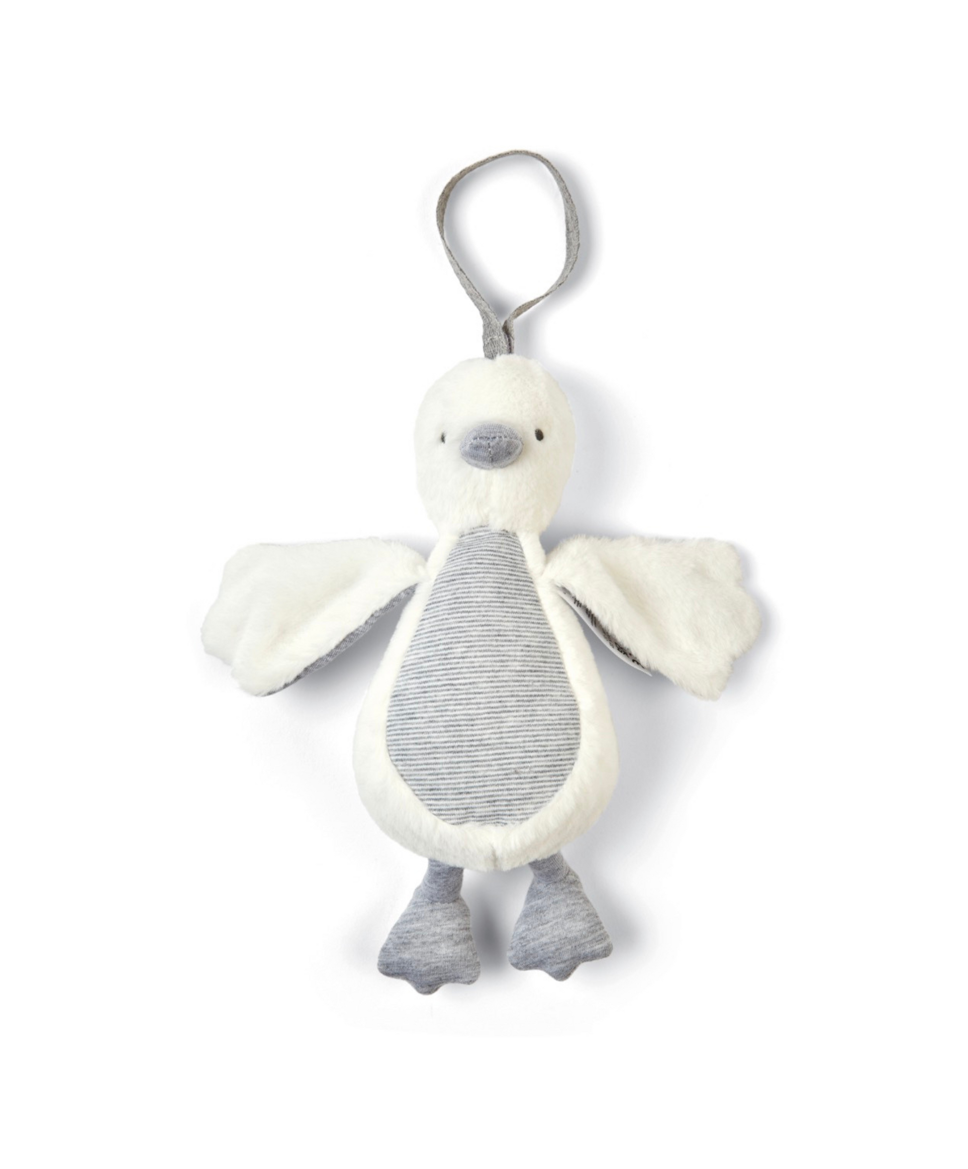 Mamas & Papas WTTW Chime Duck Travel Toy Grey — soft fabric duck with hidden chime bell, pram clip