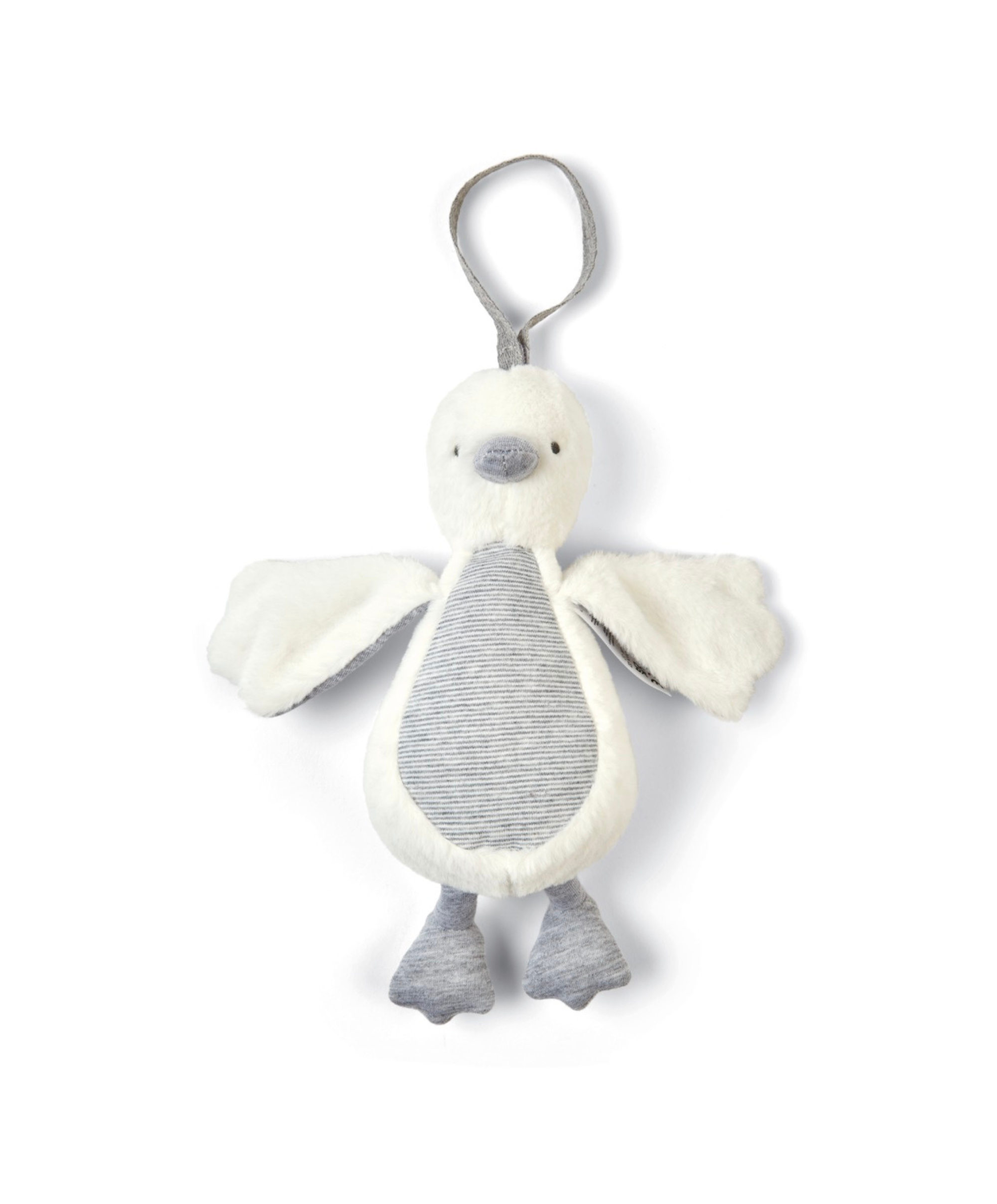 Mamas & Papas WTTW Chime Duck Travel Toy Grey — soft fabric duck with hidden chime bell, pram clip