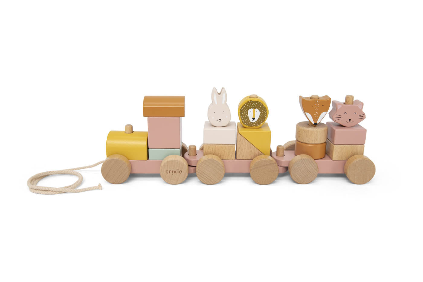 Trixie Wooden Animal Train Mrs. Cat – pink cat pull-along train with coloured block wagons