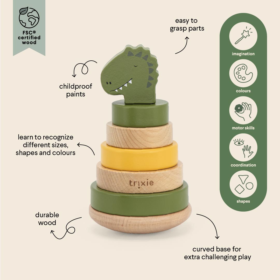Trixie Mr. Dino stacking rings arranged by size – FSC beech wood toddler toy