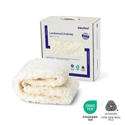 Babyrest Lambswool Cot Underlay in retail packaging with certification icons