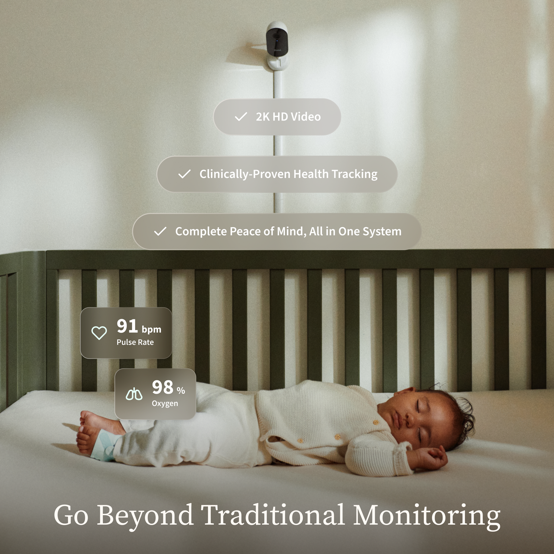 Owlet Dream Duo™ 3 showing live pulse rate and oxygen on Owlet Dream App