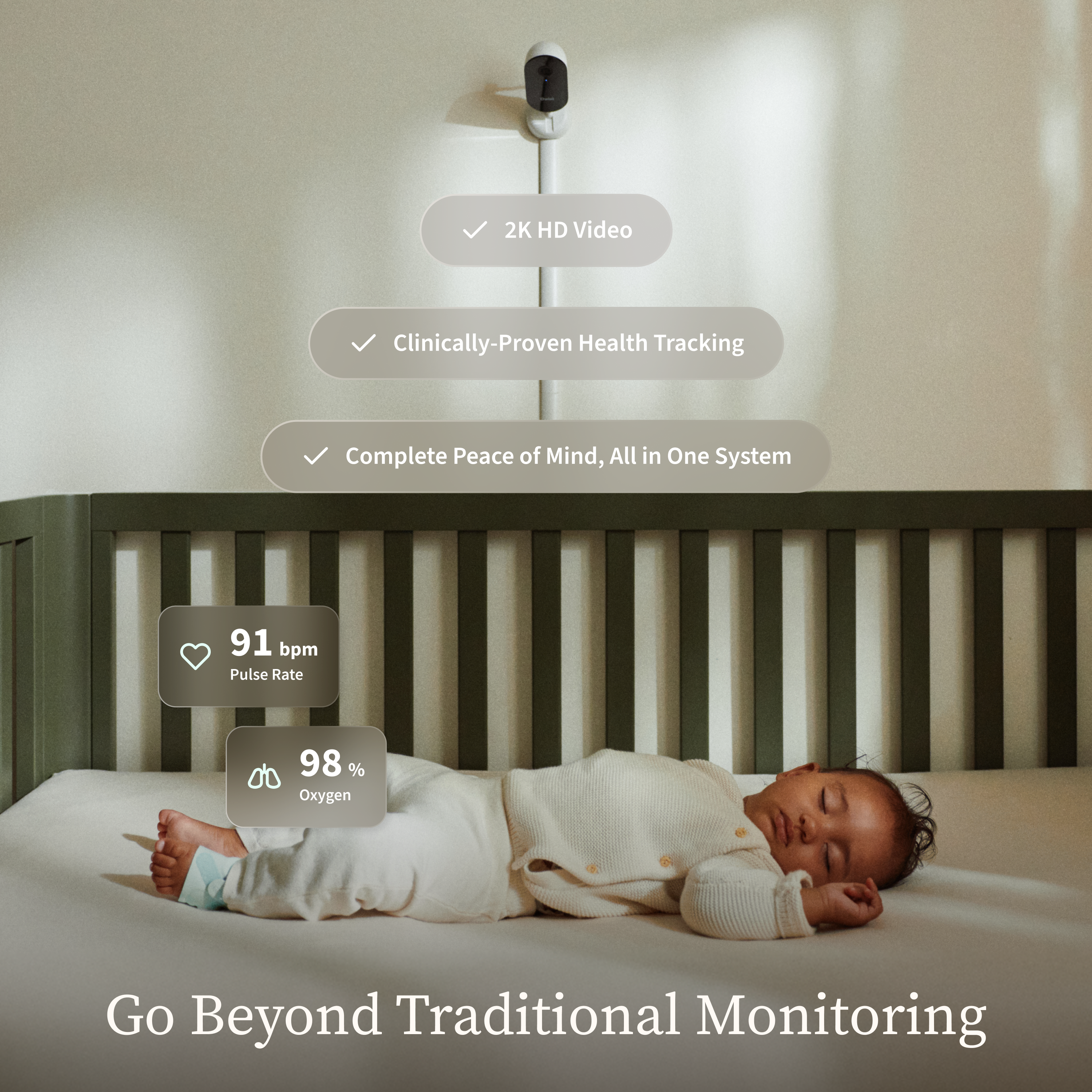 Owlet Dream Duo™ 3 showing live pulse rate and oxygen on Owlet Dream App