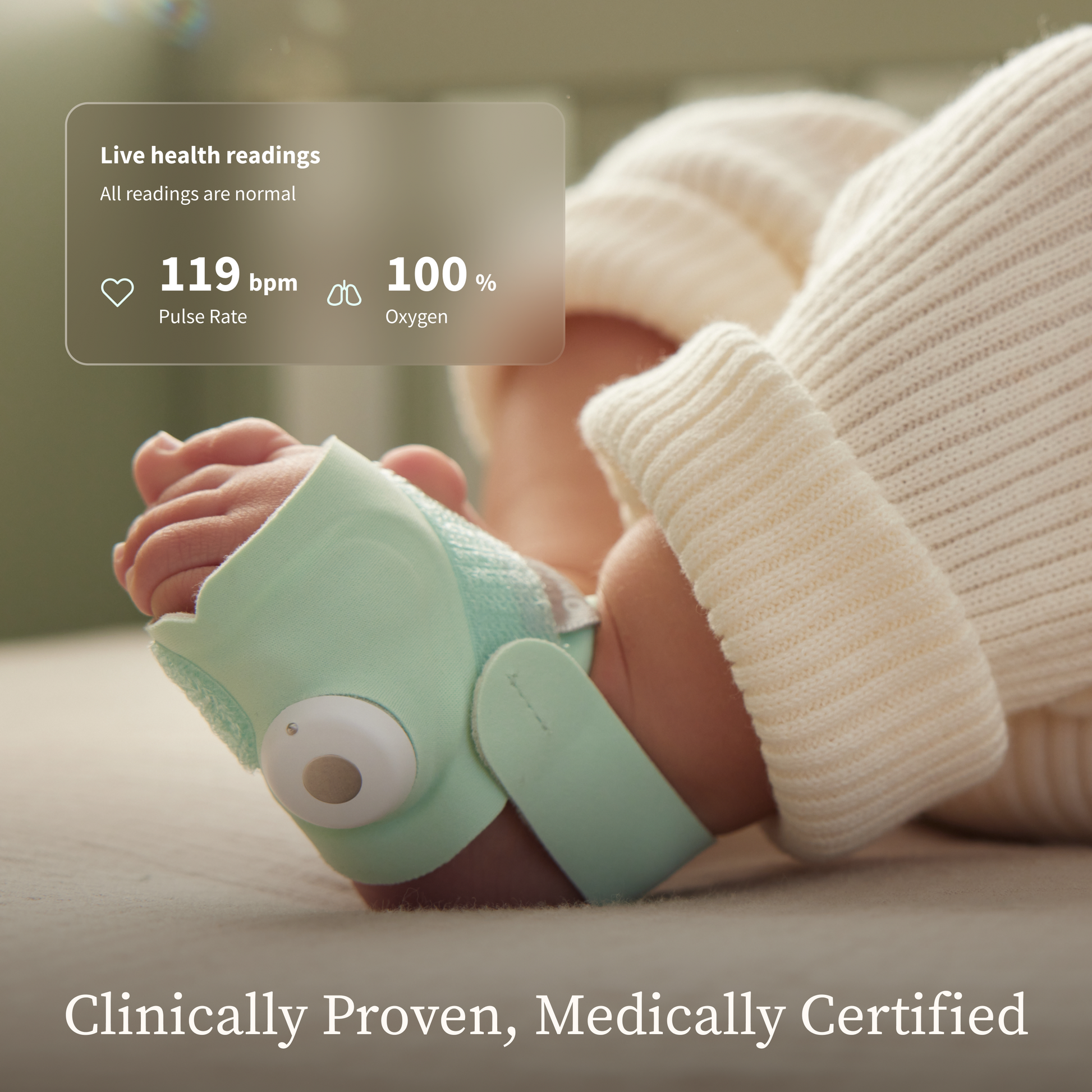 Dream Sock™ on baby's foot tracking pulse rate and oxygen