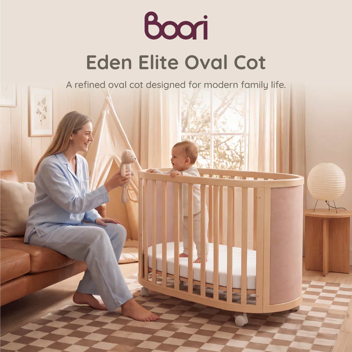 Boori Eden Elite Oval Cot overview in a modern living space