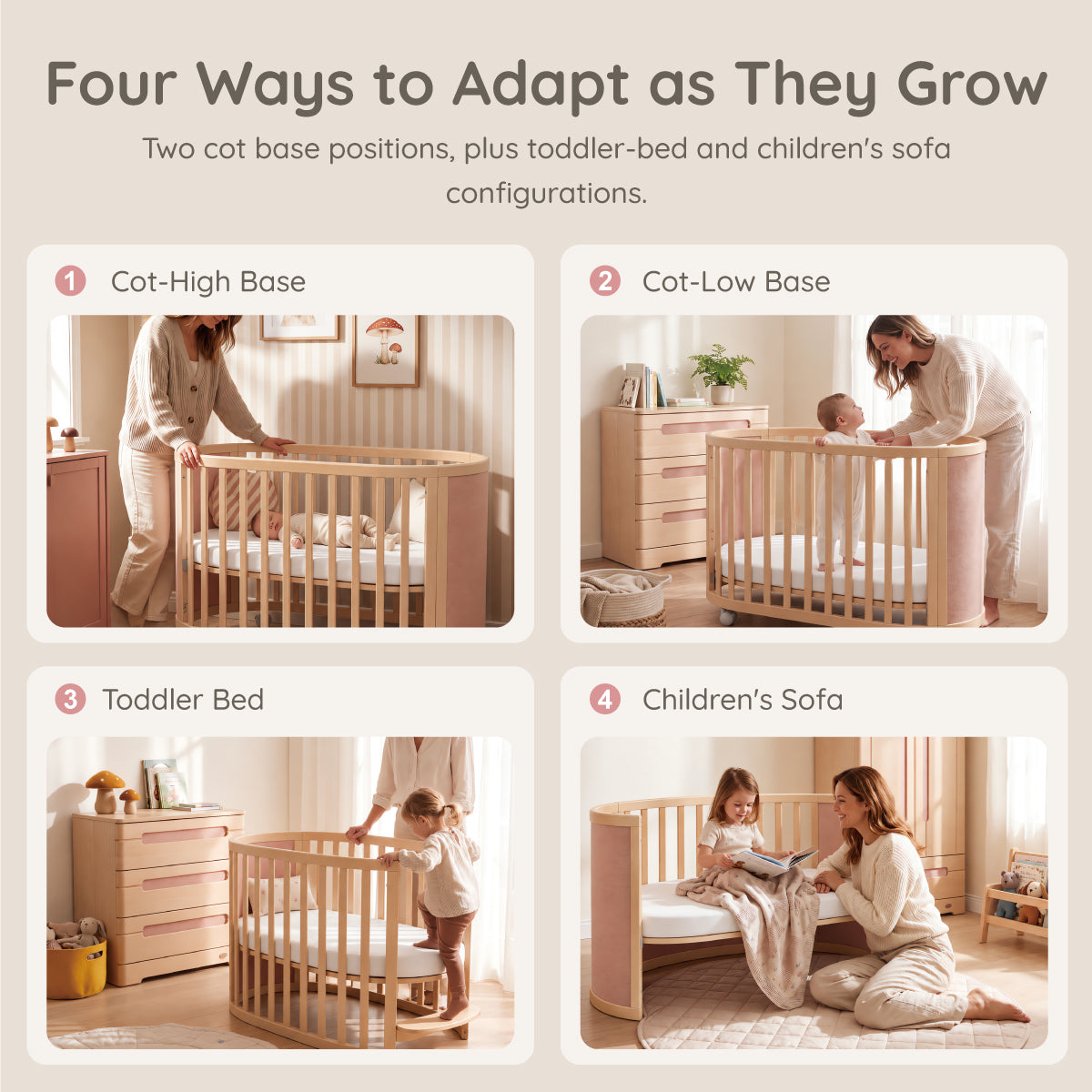 Eden Elite Oval Cot four ways to use: high base, low base, toddler bed and children's sofa