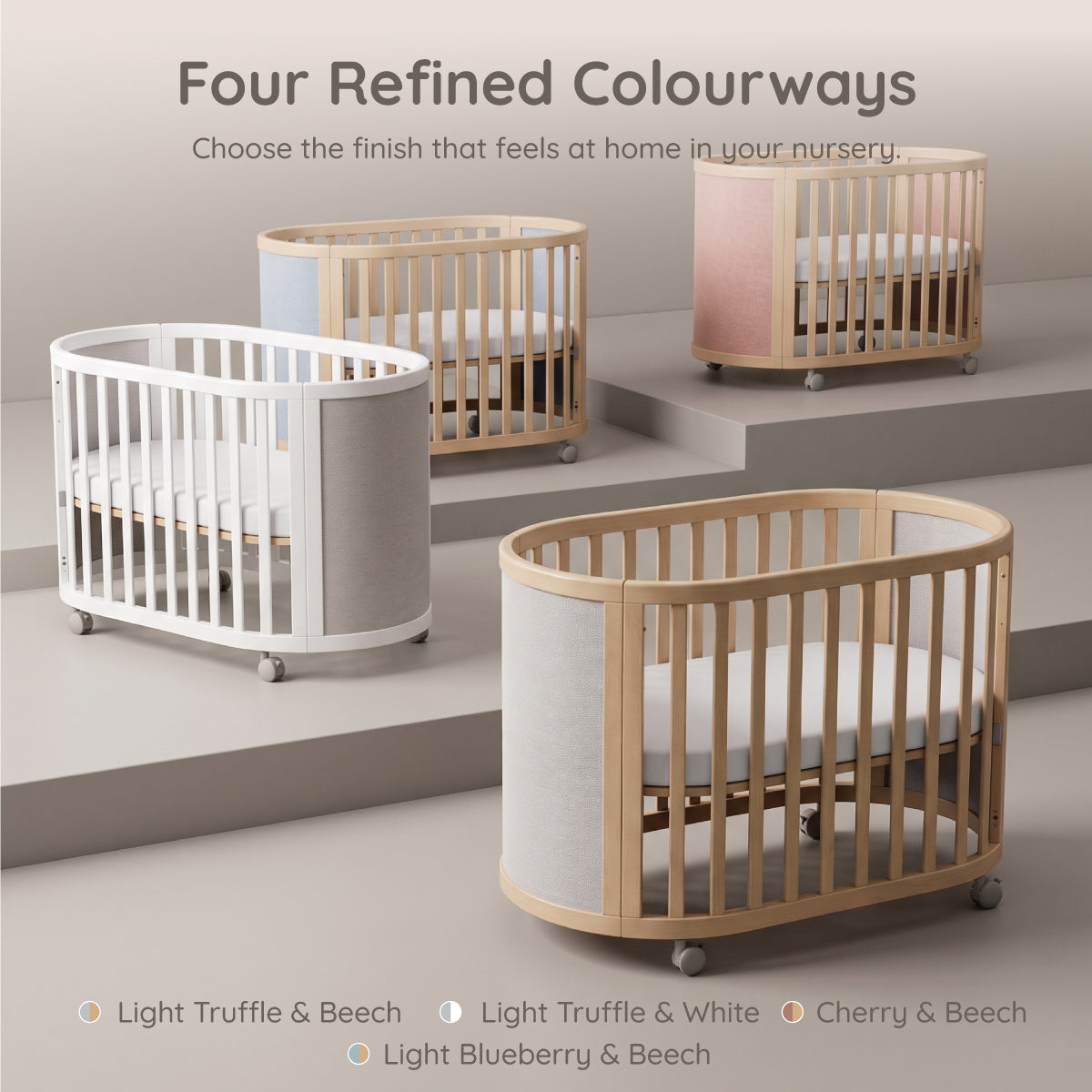 Eden Elite Oval Cot four colourways side by side