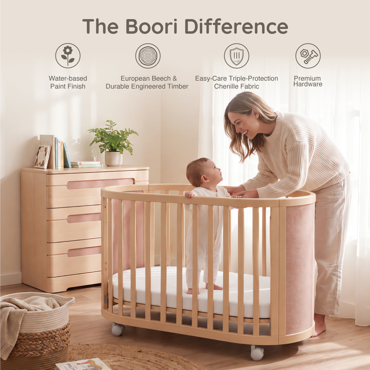 The Boori difference: European Beech, water-based paint and triple-protection fabric