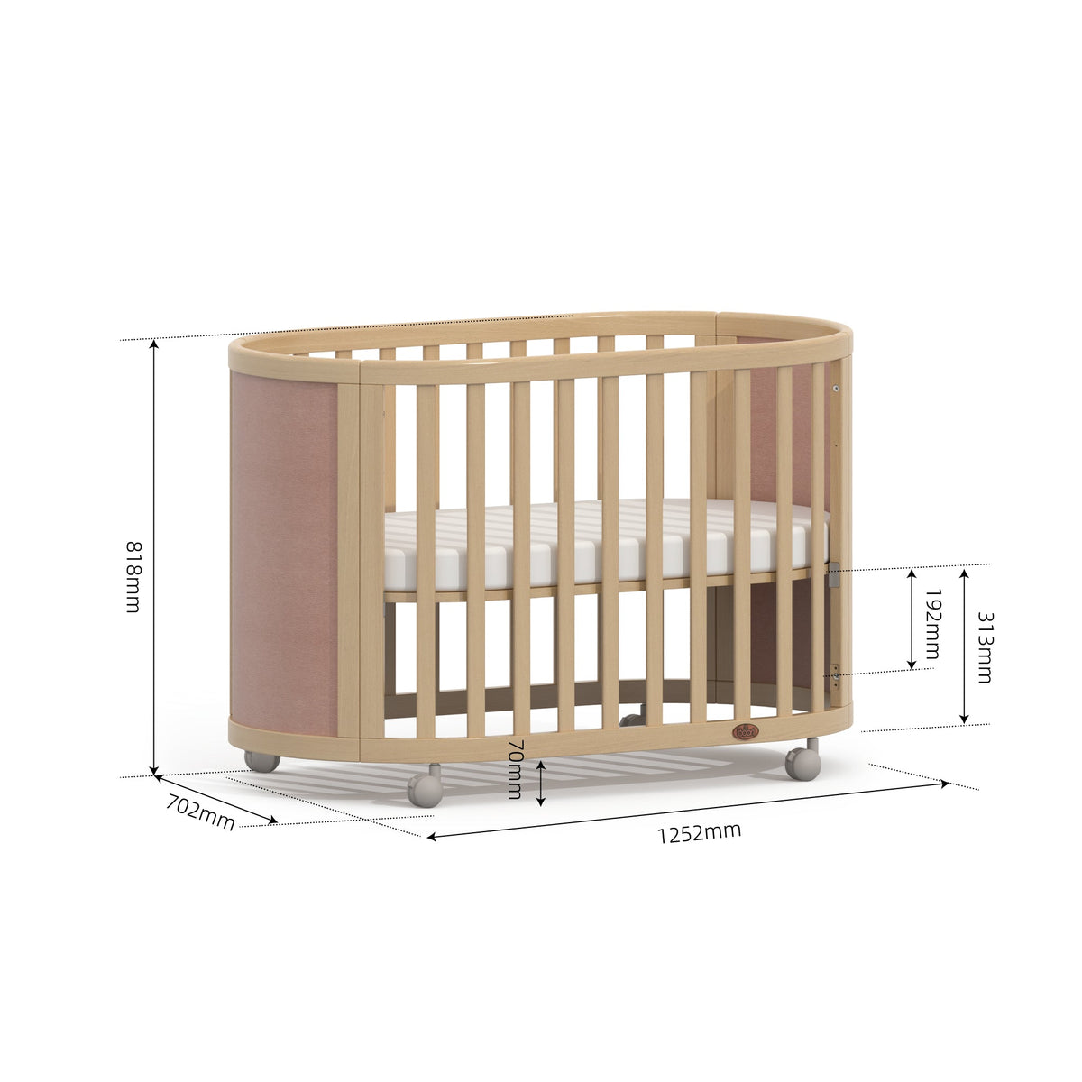 Boori Eden Elite Oval Cot dimensions diagram, 125.2cm long