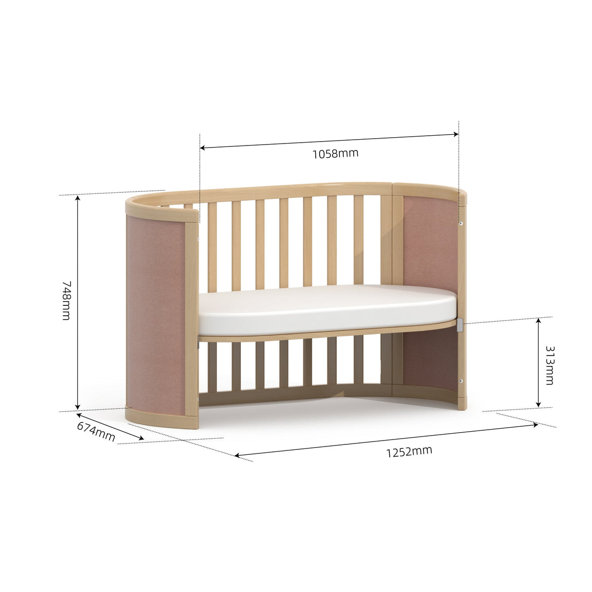 Eden Elite Oval Cot toddler bed mode dimensions diagram