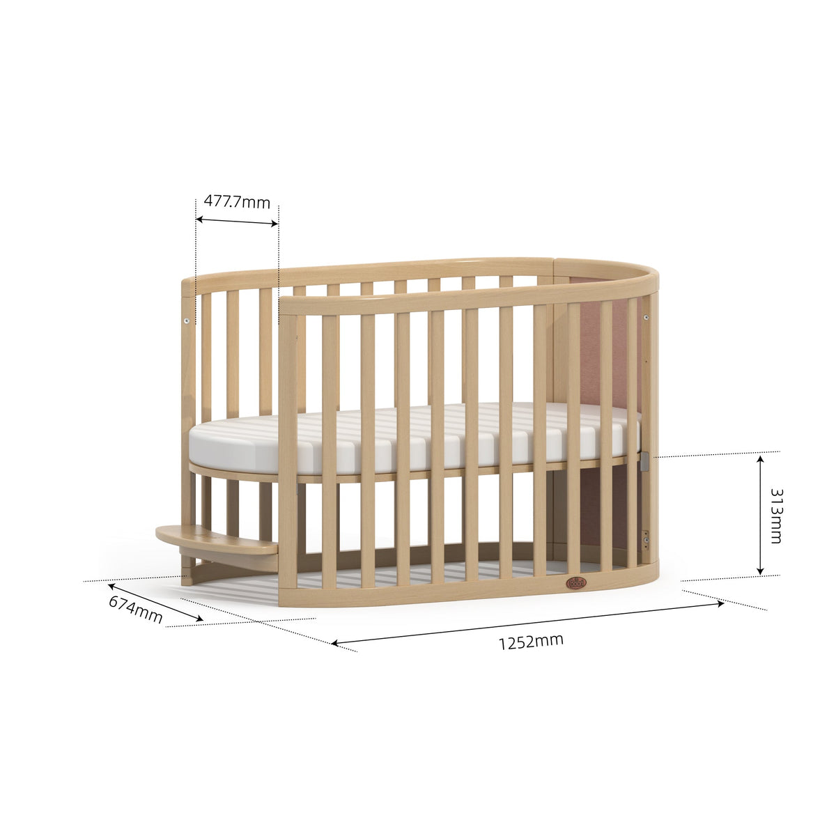 Eden Elite Oval Cot children's sofa mode dimensions diagram