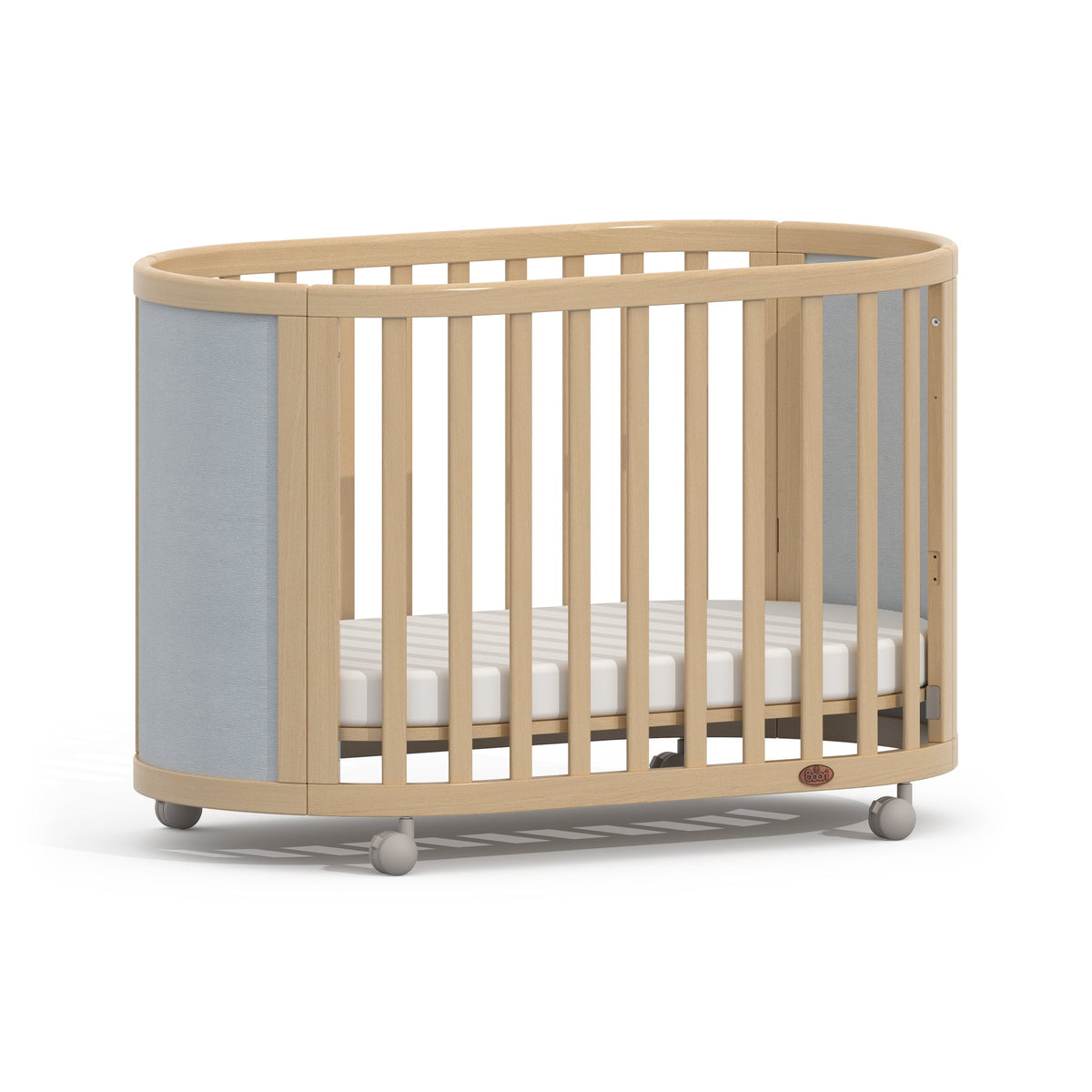 Boori Eden Elite Oval Cot Light Blueberry & Beech with low mattress base